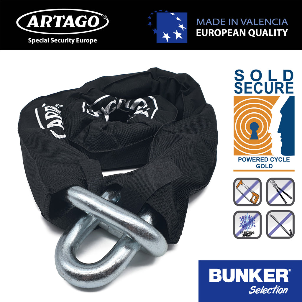 Artago 14.100 Cadena Antirrobo Moto Alta Gama, Maxima Seguridad Homologada Sold Secure Gold, BUNKER SELECTION ø15mm 100cm, Recubrimiento Nylon Antiarañazos, Antirobo para Motocicleta, Anclaje Parking