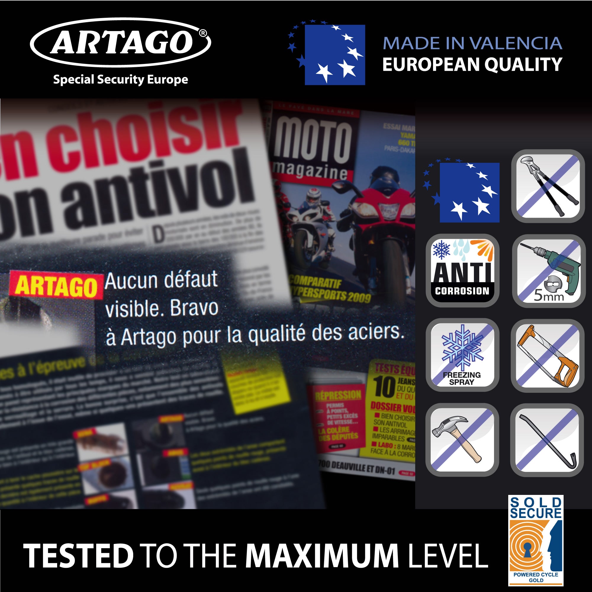 Artago 14.100 Cadena Antirrobo Moto Alta Gama, Maxima Seguridad Homologada Sold Secure Gold, BUNKER SELECTION ø15mm 100cm, Recubrimiento Nylon Antiarañazos, Antirobo para Motocicleta, Anclaje Parking