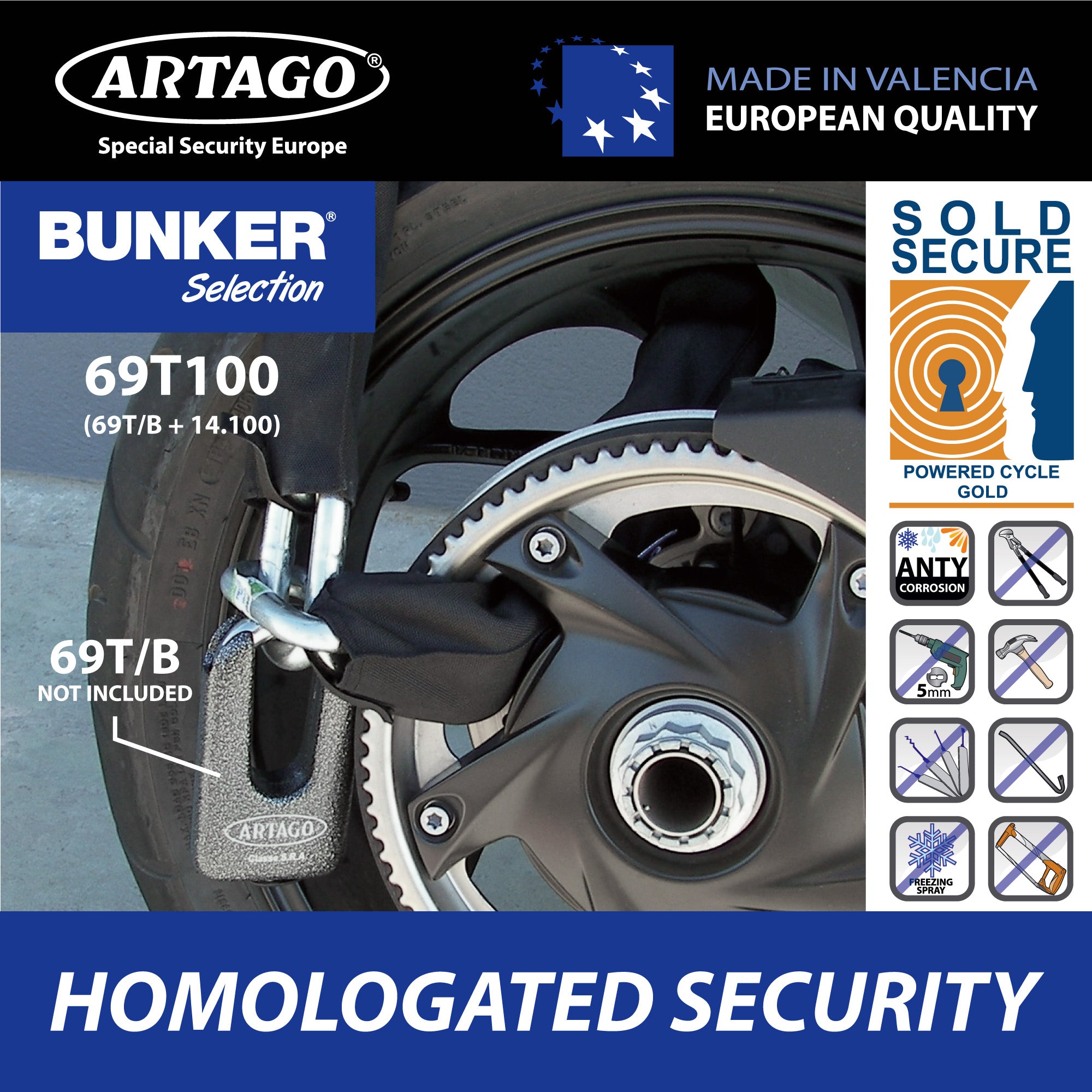 Artago 14.120 Cadena Antirrobo Moto Alta Gama, Maxima Seguridad Homologada Sold Secure Gold, BUNKER SELECTION ø15mm 120cm, Recubrimiento Nylon Antiarañazos, Antirobo para Motocicleta, Anclaje Parking