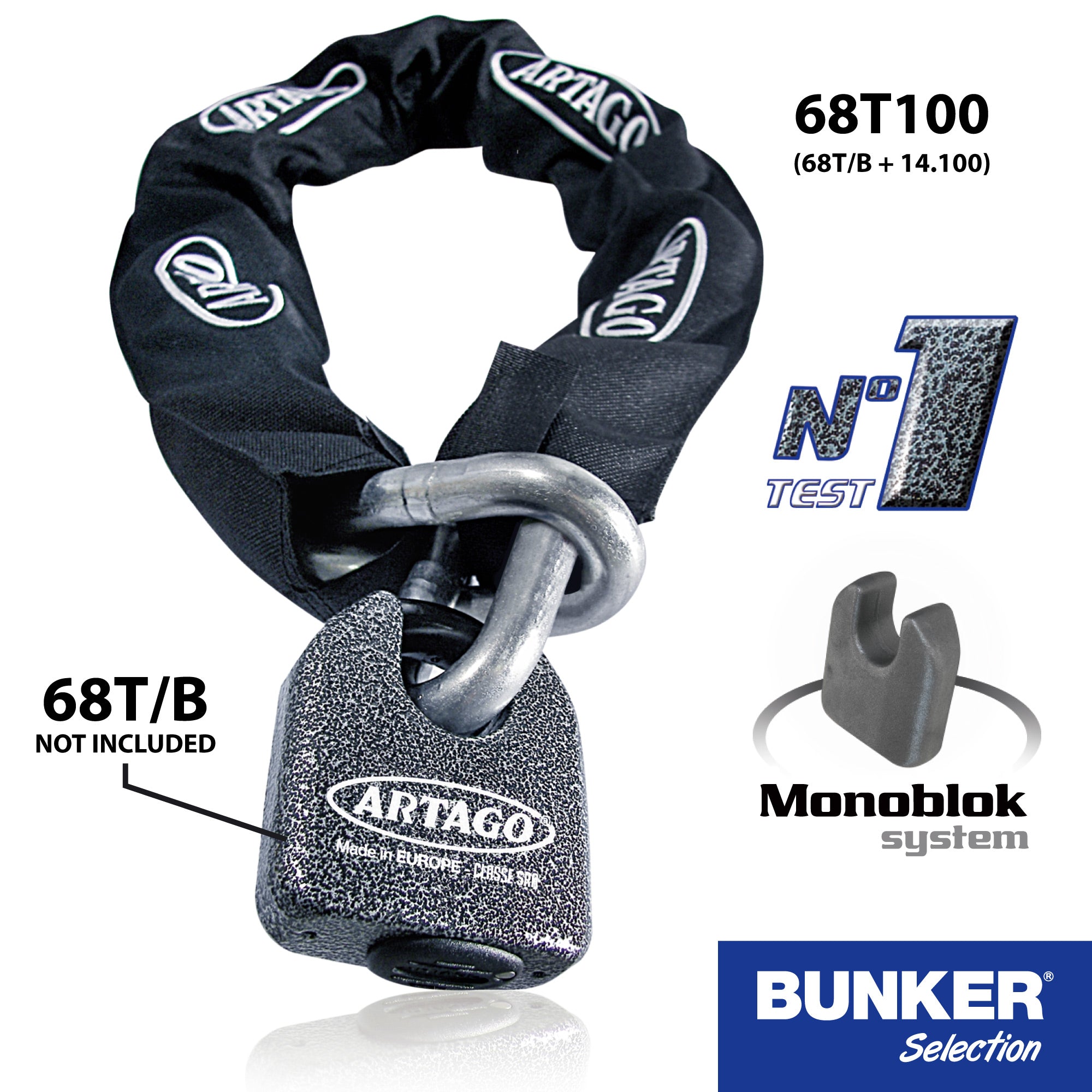 Artago 14.120 Cadena Antirrobo Moto Alta Gama, Maxima Seguridad Homologada Sold Secure Gold, BUNKER SELECTION ø15mm 120cm, Recubrimiento Nylon Antiarañazos, Antirobo para Motocicleta, Anclaje Parking