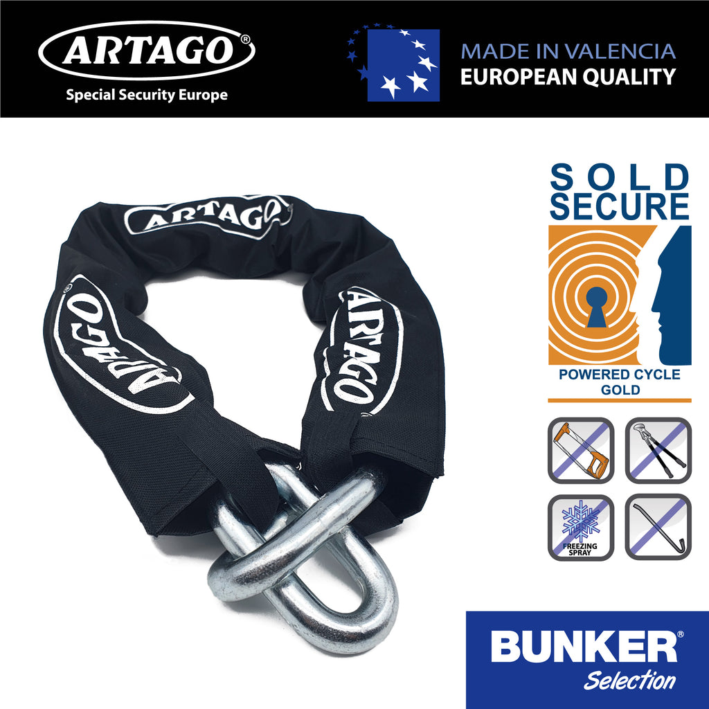Artago 14.150 Cadena Antirrobo Moto Alta Gama, Maxima Seguridad Homologada Sold Secure Gold, BUNKER SELECTION ø15mm 150cm, Recubrimiento Nylon Antiarañazos, Antirobo para Motocicleta, Anclaje Parking