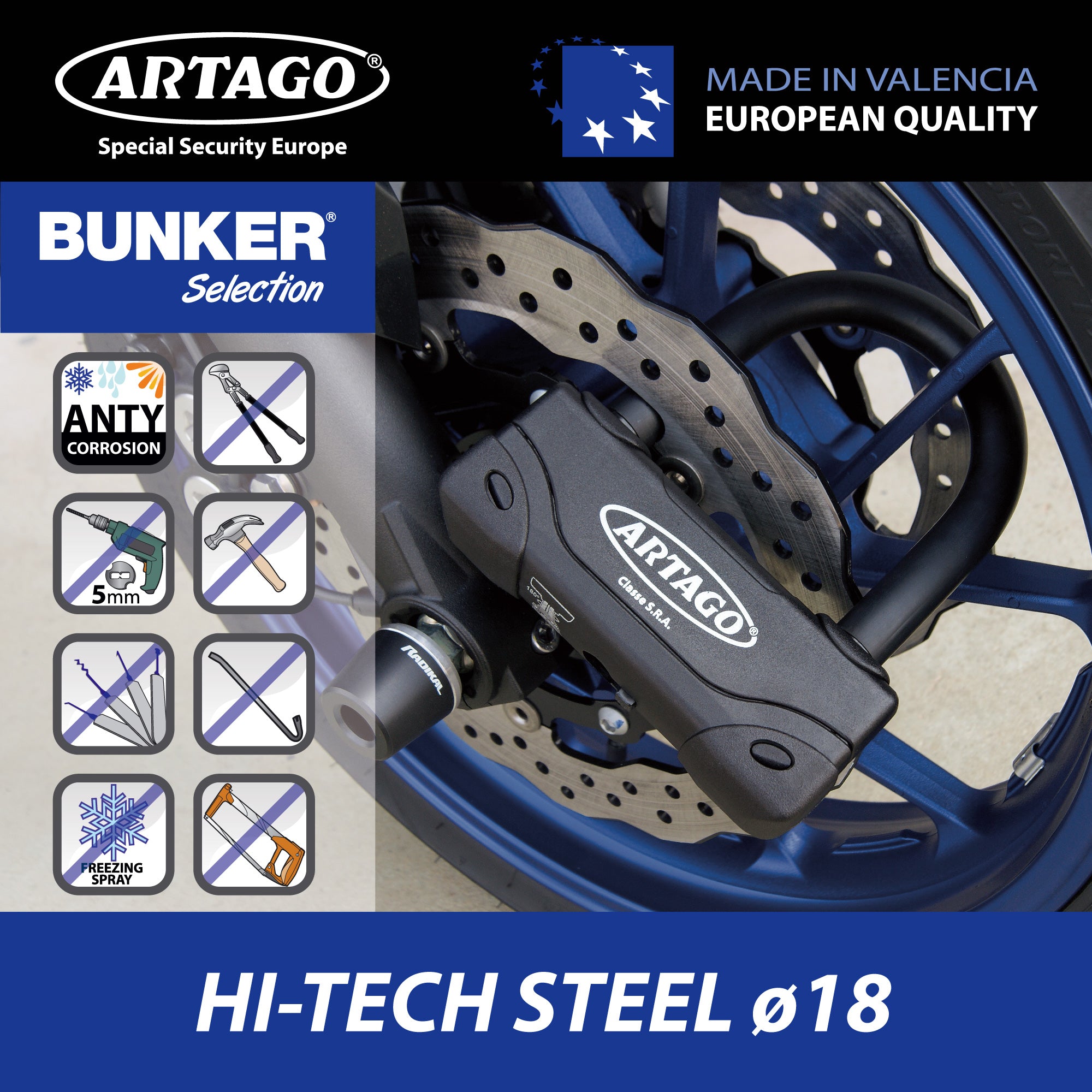 Artago 18ART120 Candado U Moto Alta Gama Homologado SRA, Sold Secure Gold, ART4, BUNKER SELECTION, Acero Endurecido ø18mm, Doble Cierre MRT Blindado, 85x120mm, Máxima Seguridad Antirrobo U Motocicleta