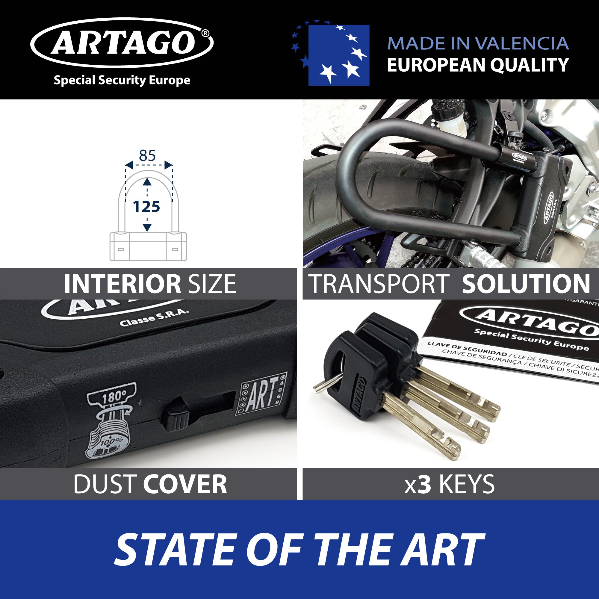 Artago 18ART120 Candado U Moto Alta Gama Homologado SRA, Sold Secure Gold, ART4, BUNKER SELECTION, Acero Endurecido ø18mm, Doble Cierre MRT Blindado, 85x120mm, Máxima Seguridad Antirrobo U Motocicleta