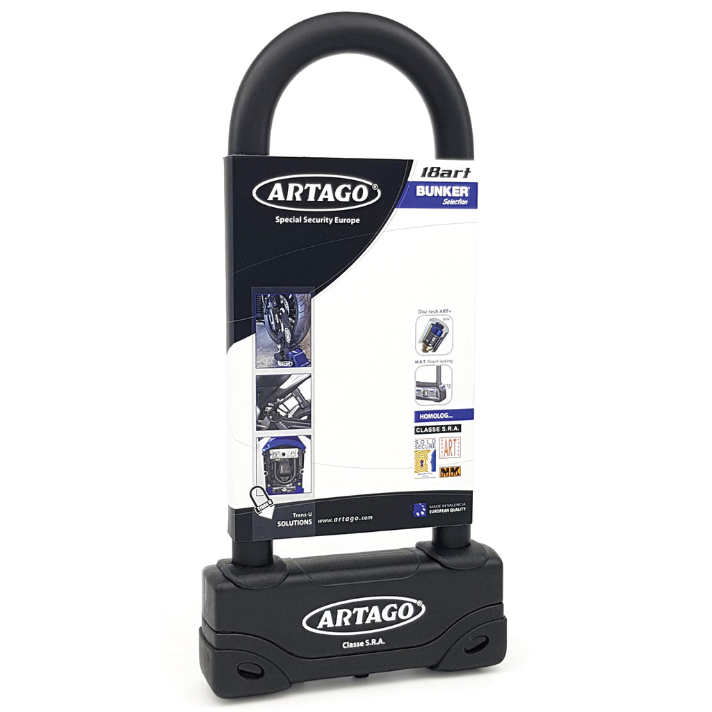 Artago 18ART270 Candado U Moto Alta Gama Homologado SRA, Sold Secure Gold, ART4, BUNKER SELECTION, Acero Endurecido ø18mm, Doble Cierre MRT Blindado, 85x245mm, Máxima Seguridad Antirrobo U Motocicleta