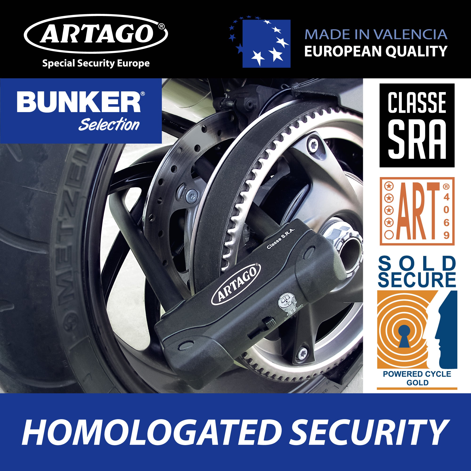 Artago 18ART270 Candado U Moto Alta Gama Homologado SRA, Sold Secure Gold, ART4, BUNKER SELECTION, Acero Endurecido ø18mm, Doble Cierre MRT Blindado, 85x245mm, Máxima Seguridad Antirrobo U Motocicleta