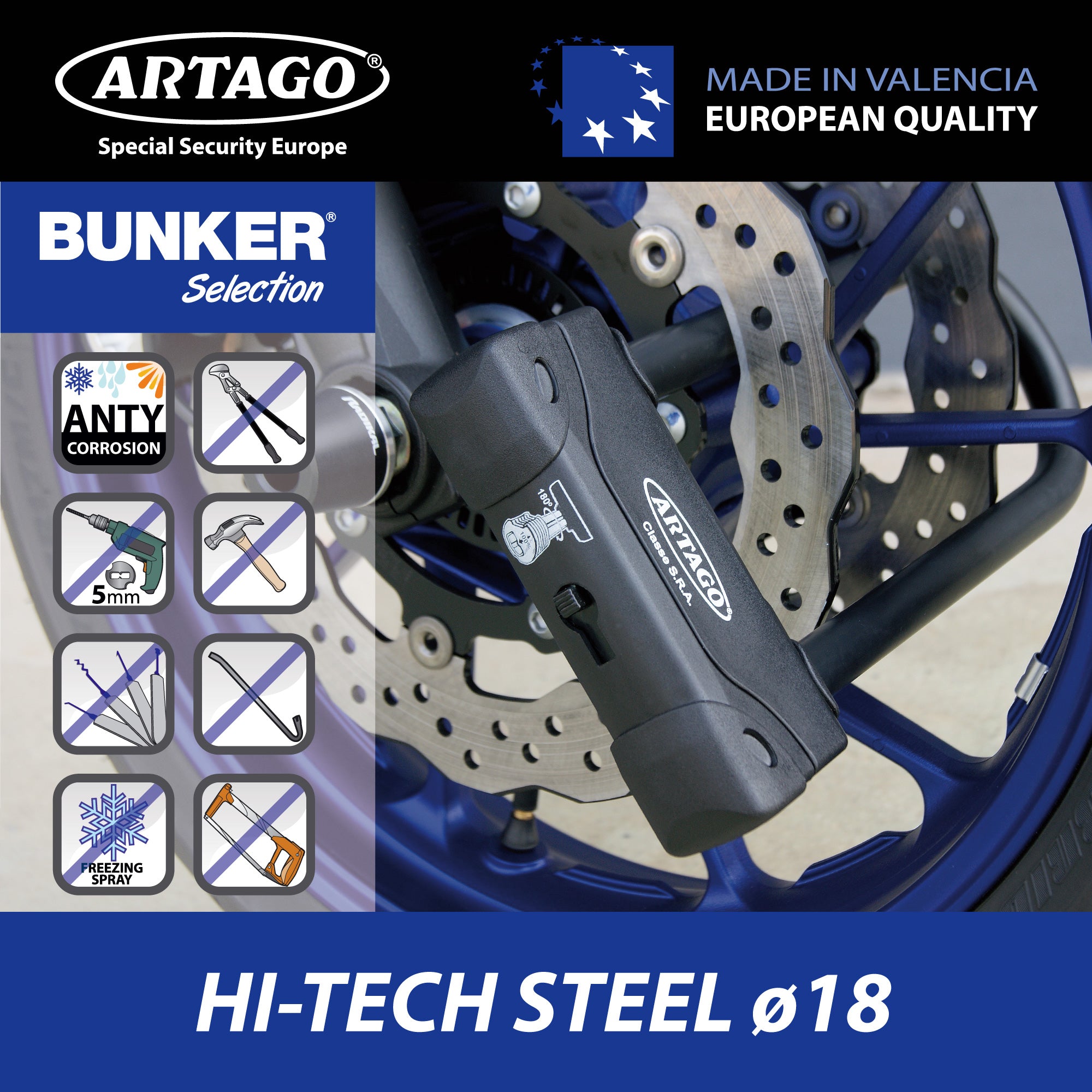 Artago 18ART270 Candado U Moto Alta Gama Homologado SRA, Sold Secure Gold, ART4, BUNKER SELECTION, Acero Endurecido ø18mm, Doble Cierre MRT Blindado, 85x245mm, Máxima Seguridad Antirrobo U Motocicleta