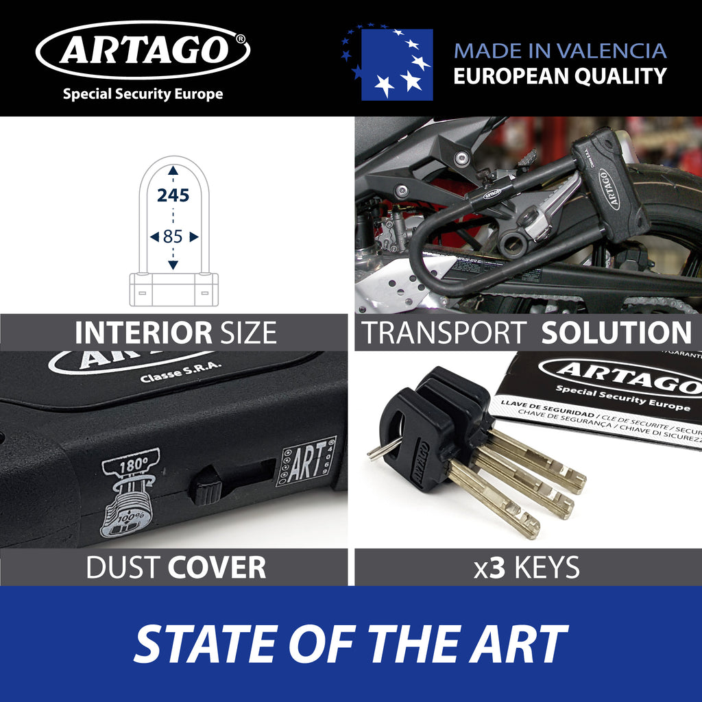 Artago 18ART270 Candado U Moto Alta Gama Homologado SRA, Sold Secure Gold, ART4, BUNKER SELECTION, Acero Endurecido ø18mm, Doble Cierre MRT Blindado, 85x245mm, Máxima Seguridad Antirrobo U Motocicleta