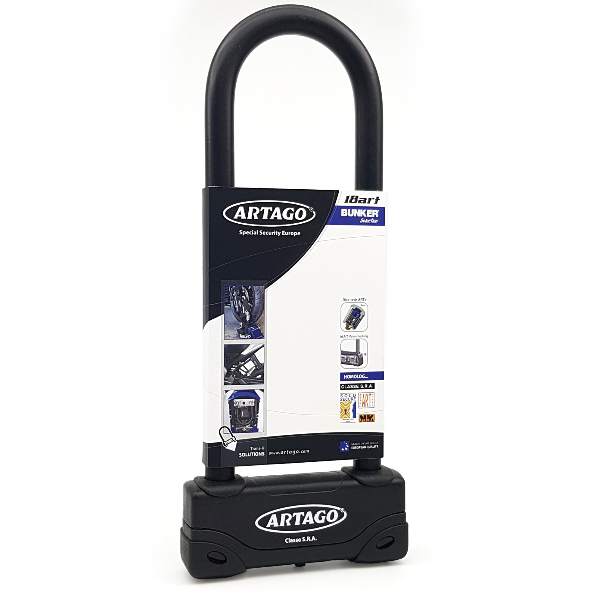 Artago 18ART320 Candado U Moto Alta Gama Homologado SRA, Sold Secure Gold, ART4, BUNKER SELECTION, Acero Endurecido ø18mm, Doble Cierre MRT Blindado, 85x295mm, Máxima Seguridad Antirrobo U Motocicleta