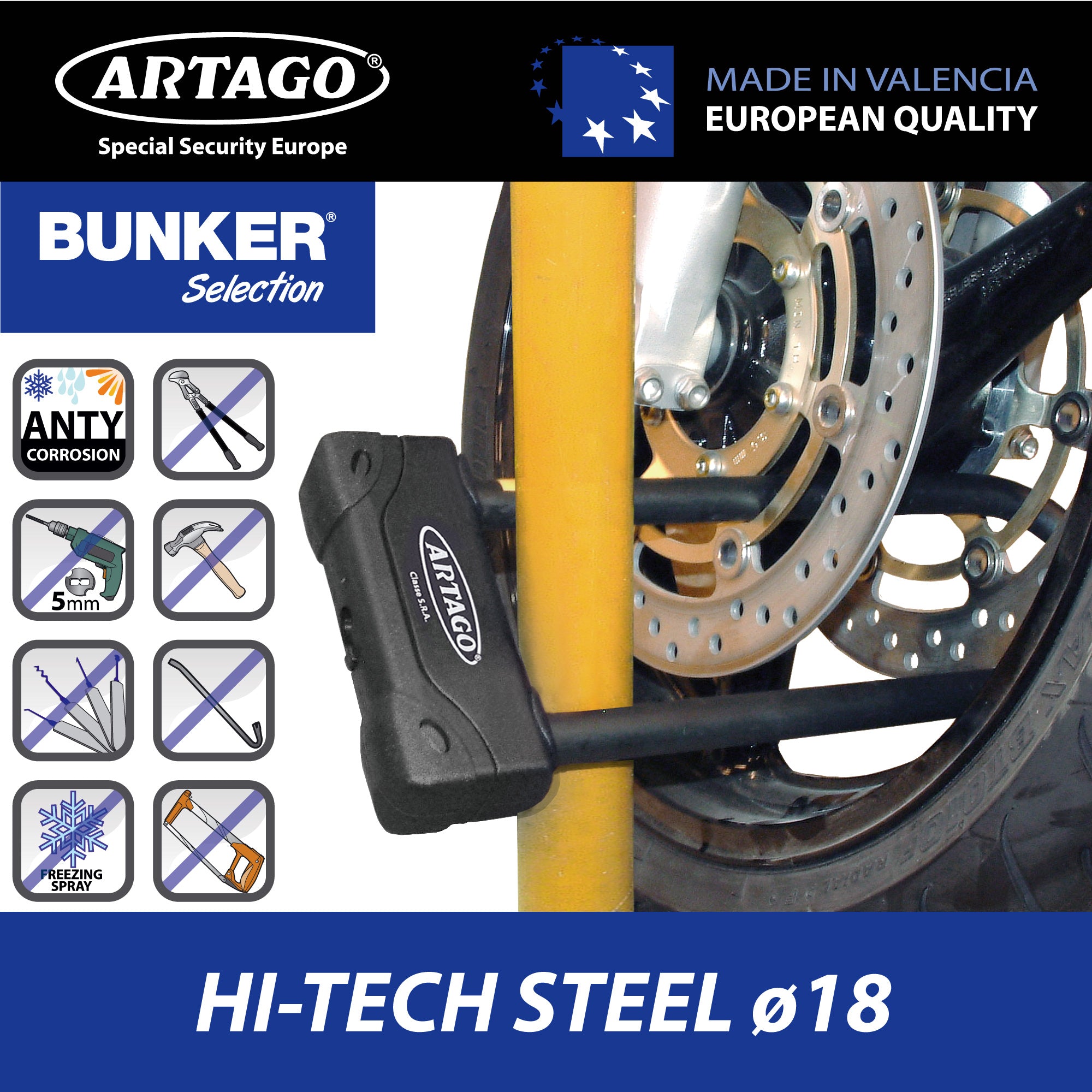 Artago 18ART320 Candado U Moto Alta Gama Homologado SRA, Sold Secure Gold, ART4, BUNKER SELECTION, Acero Endurecido ø18mm, Doble Cierre MRT Blindado, 85x295mm, Máxima Seguridad Antirrobo U Motocicleta