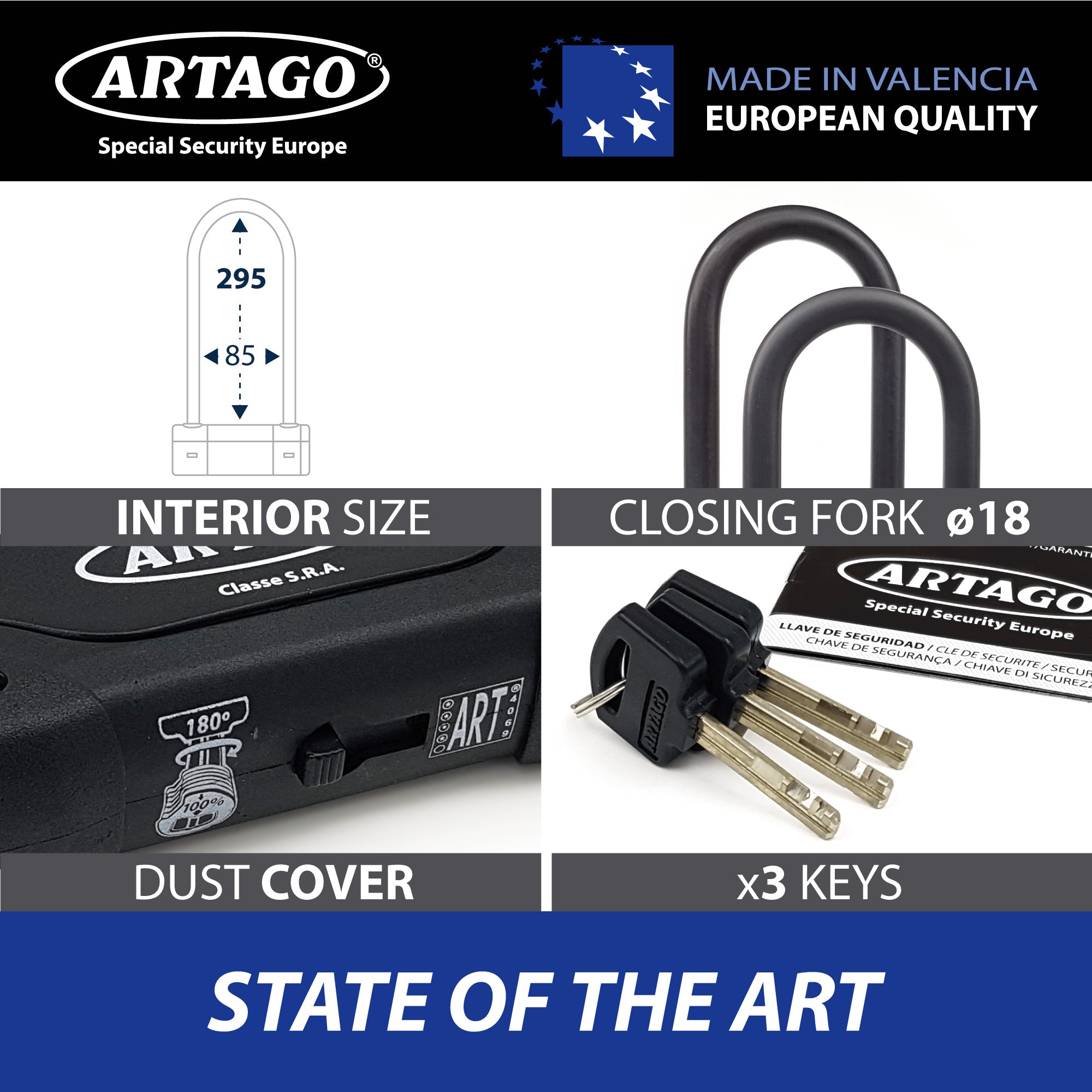 Artago 18ART320 Candado U Moto Alta Gama Homologado SRA, Sold Secure Gold, ART4, BUNKER SELECTION, Acero Endurecido ø18mm, Doble Cierre MRT Blindado, 85x295mm, Máxima Seguridad Antirrobo U Motocicleta