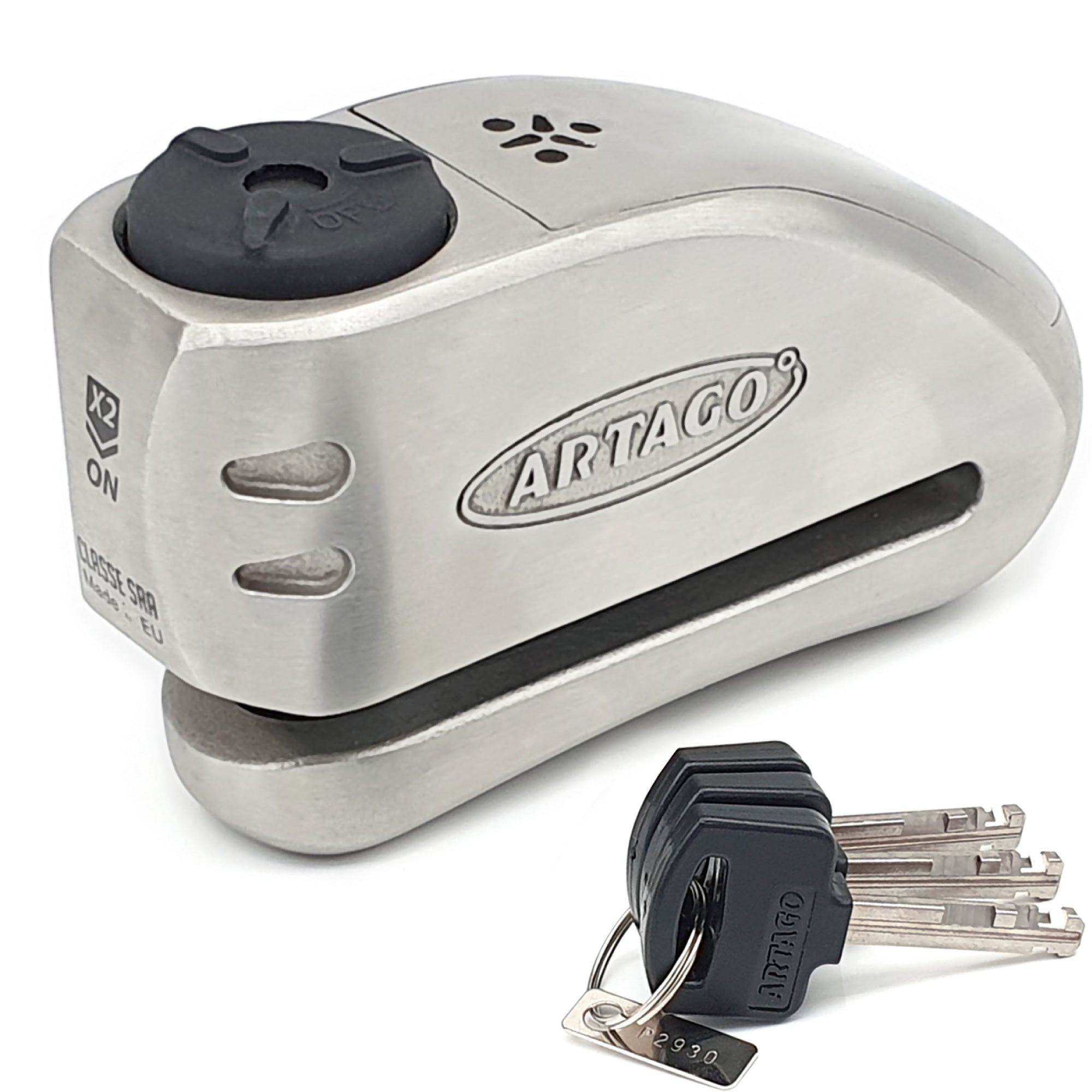 ARTAGO 32 Candado Moto Alta Gama, Mejor Antirrobo Disco Sin/Con Alarma Don't Touch 120dB, Homologado SRA y SSG, Exclusivo Triple Cierre 15.5mm y Blindaje Anti-Taladro 5mm, Acero Inox, Pinza Cepo Moto