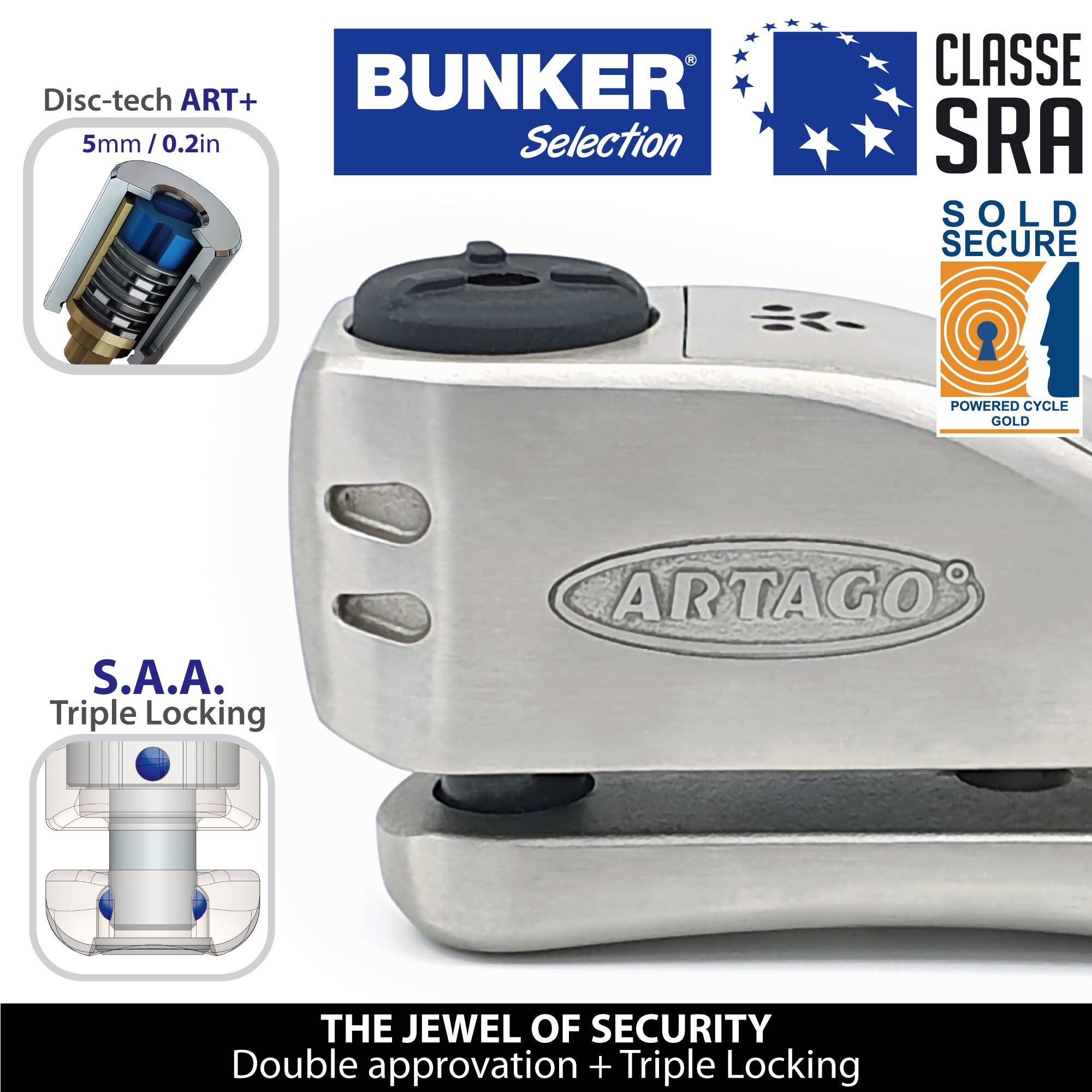 ARTAGO 32 Candado Moto Alta Gama, Mejor Antirrobo Disco Sin/Con Alarma Don't Touch 120dB, Homologado SRA y SSG, Exclusivo Triple Cierre 15.5mm y Blindaje Anti-Taladro 5mm, Acero Inox, Pinza Cepo Moto