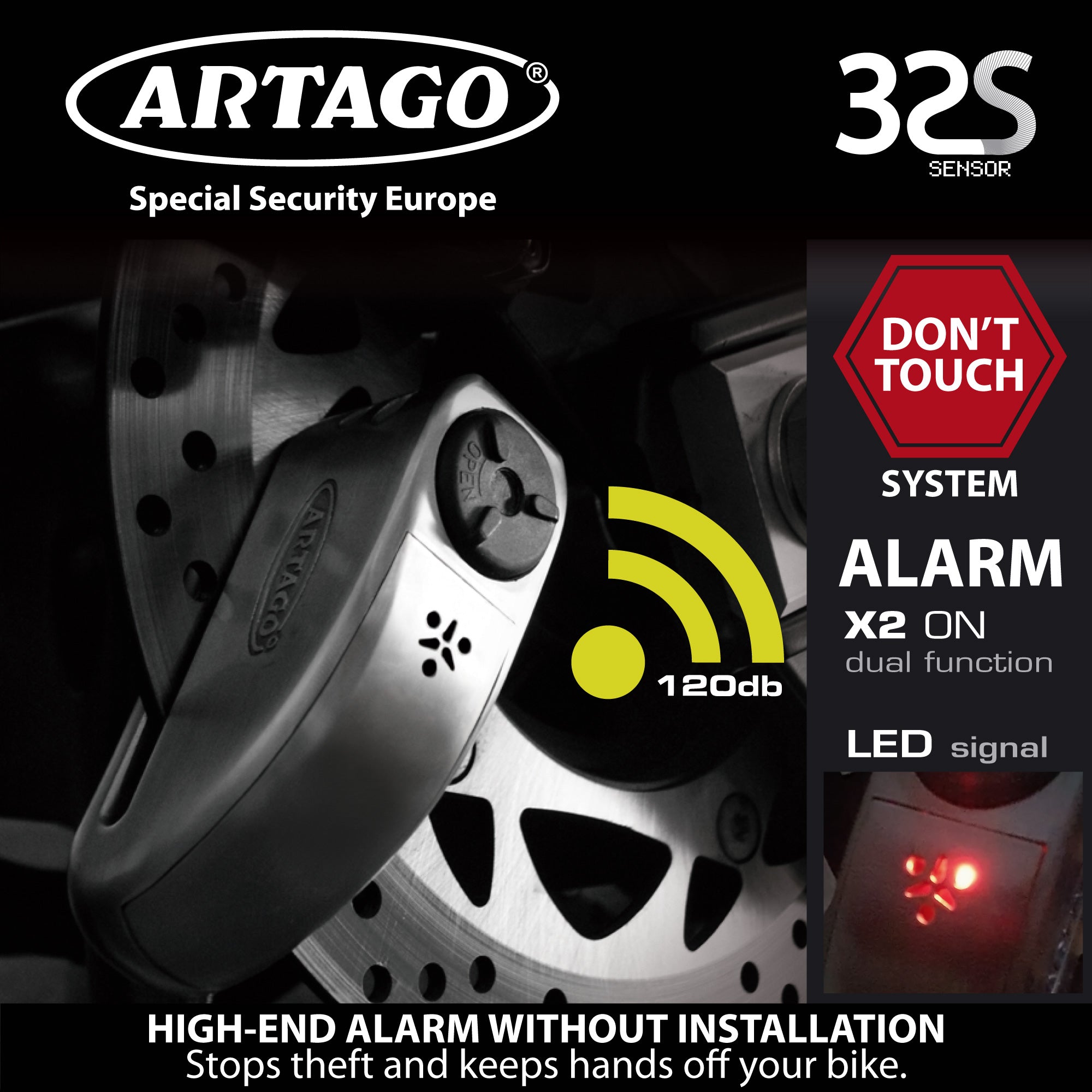 ARTAGO 32 Candado Moto Alta Gama, Mejor Antirrobo Disco Sin/Con Alarma Don't Touch 120dB, Homologado SRA y SSG, Exclusivo Triple Cierre 15.5mm y Blindaje Anti-Taladro 5mm, Acero Inox, Pinza Cepo Moto