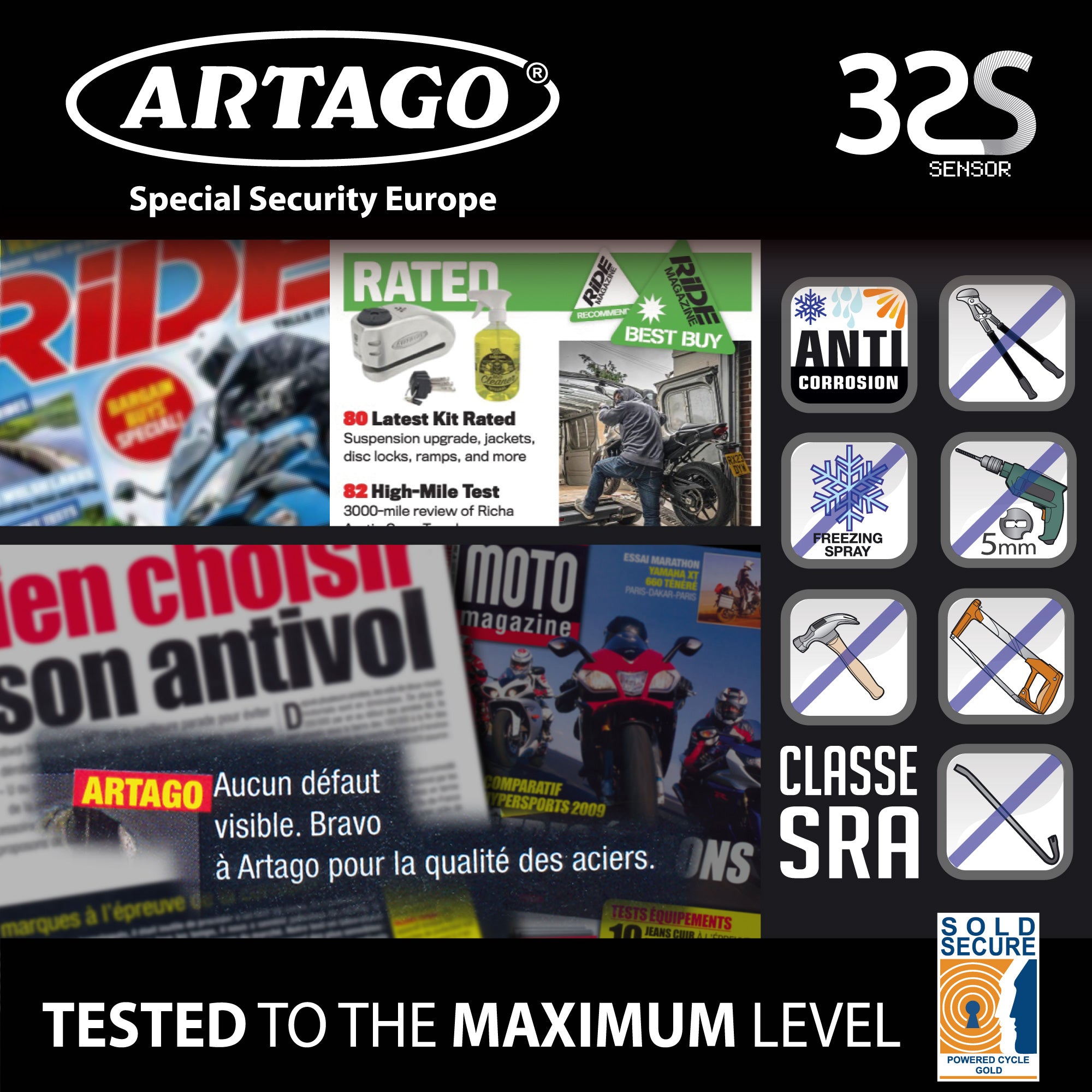 ARTAGO 32 Candado Moto Alta Gama, Mejor Antirrobo Disco Sin/Con Alarma Don't Touch 120dB, Homologado SRA y SSG, Exclusivo Triple Cierre 15.5mm y Blindaje Anti-Taladro 5mm, Acero Inox, Pinza Cepo Moto