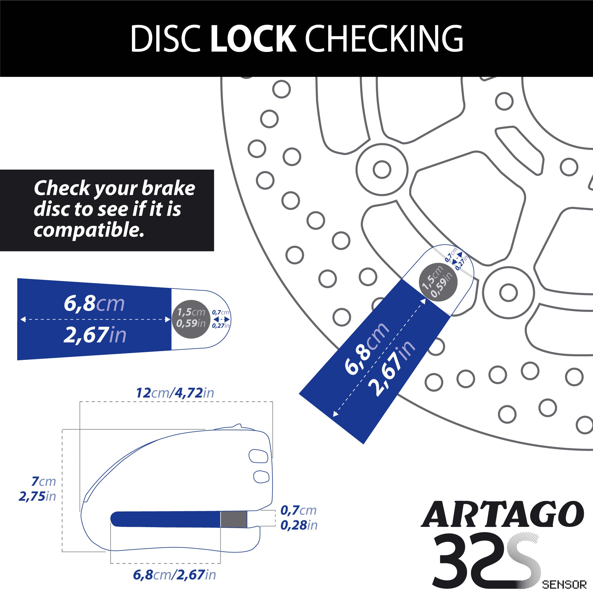 ARTAGO 32 Candado Moto Alta Gama, Mejor Antirrobo Disco Sin/Con Alarma Don't Touch 120dB, Homologado SRA y SSG, Exclusivo Triple Cierre 15.5mm y Blindaje Anti-Taladro 5mm, Acero Inox, Pinza Cepo Moto