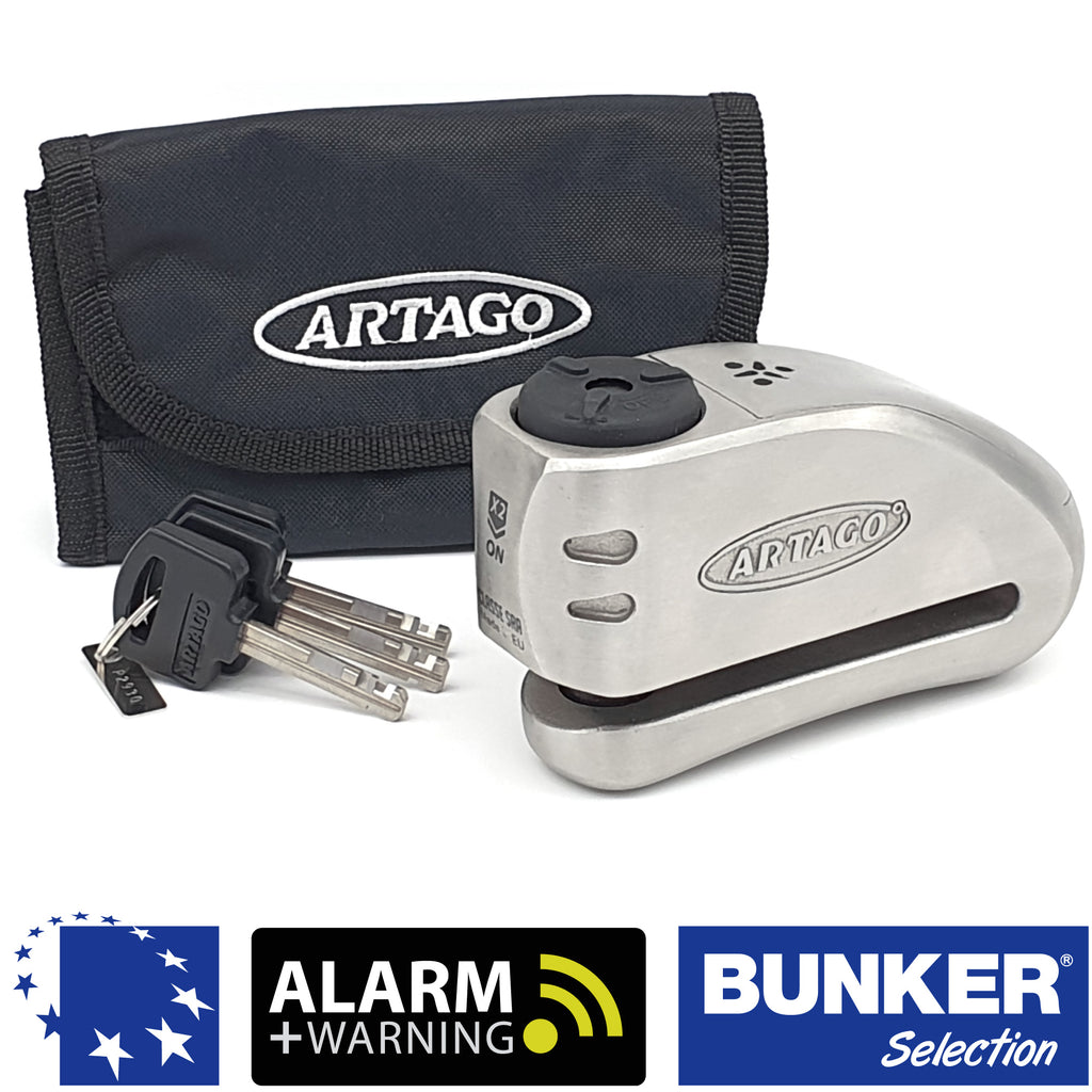 ARTAGO 32 Candado Moto Alta Gama, Mejor Antirrobo Disco Sin/Con Alarma Don't Touch 120dB, Homologado SRA y SSG, Exclusivo Triple Cierre 15.5mm y Blindaje Anti-Taladro 5mm, Acero Inox, Pinza Cepo Moto