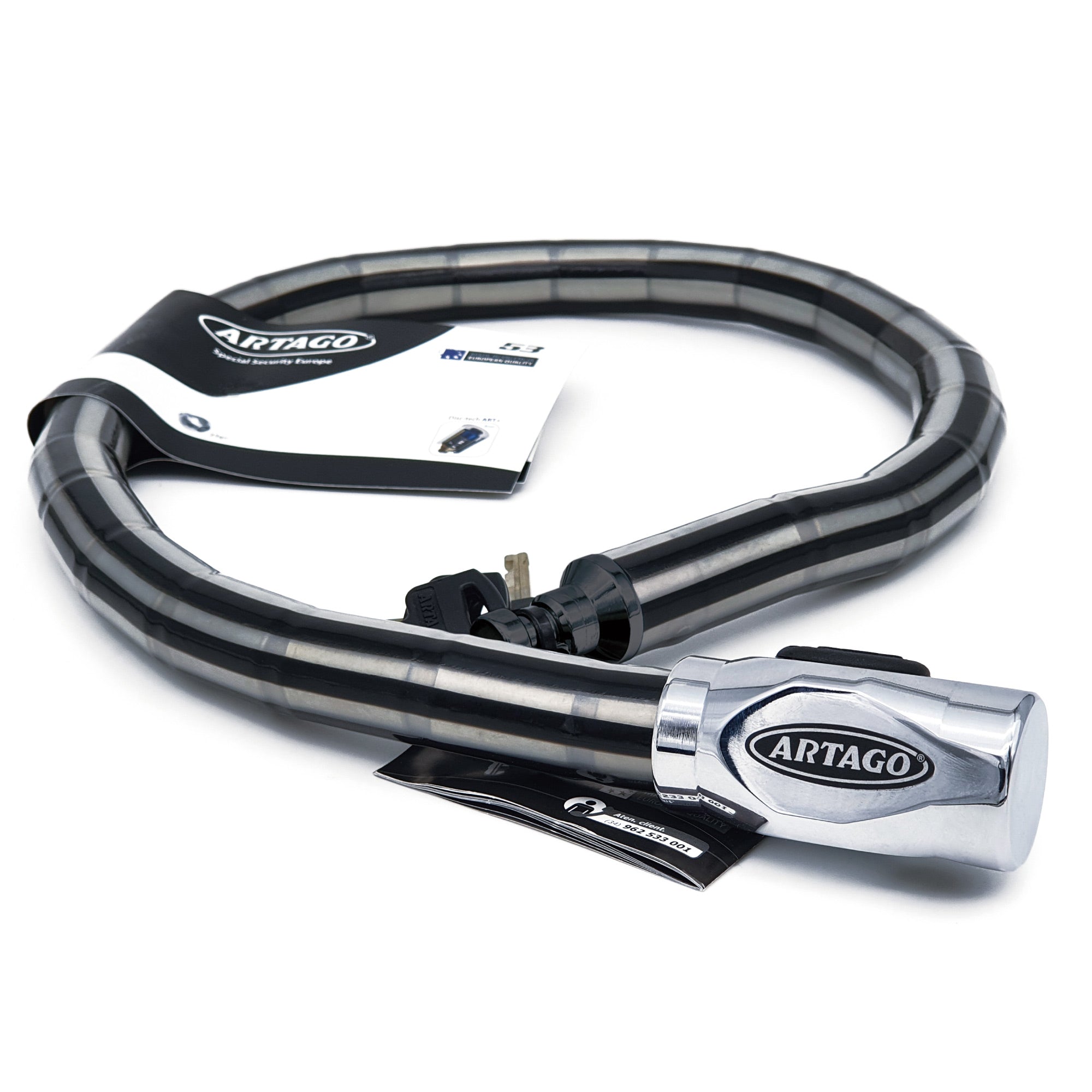 Artago 5310 Pitón Antirrobo Moto Alta Gama, Cerradura Alta Seguridad DISC-TECH ART+, Cierre Blindado Giratorio, Tapa Anti-Polvo, Candado Articulado Cadena Antirrobo para Moto, Scooter, Bici, 100 cm