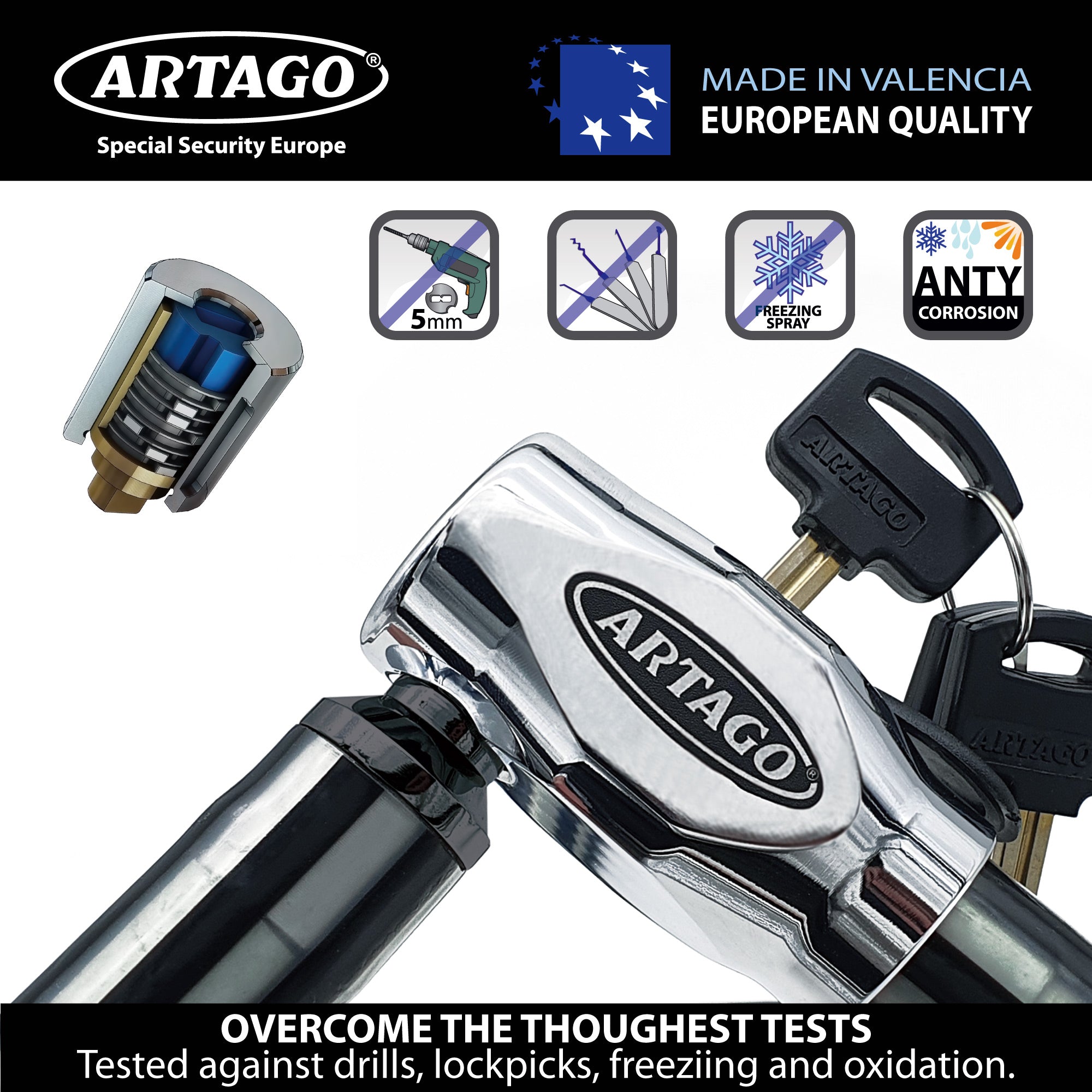 Artago 5310 Pitón Antirrobo Moto Alta Gama, Cerradura Alta Seguridad DISC-TECH ART+, Cierre Blindado Giratorio, Tapa Anti-Polvo, Candado Articulado Cadena Antirrobo para Moto, Scooter, Bici, 100 cm