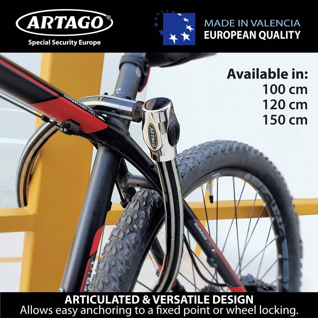 Artago 5310 Pitón Antirrobo Moto Alta Gama, Cerradura Alta Seguridad DISC-TECH ART+, Cierre Blindado Giratorio, Tapa Anti-Polvo, Candado Articulado Cadena Antirrobo para Moto, Scooter, Bici, 100 cm