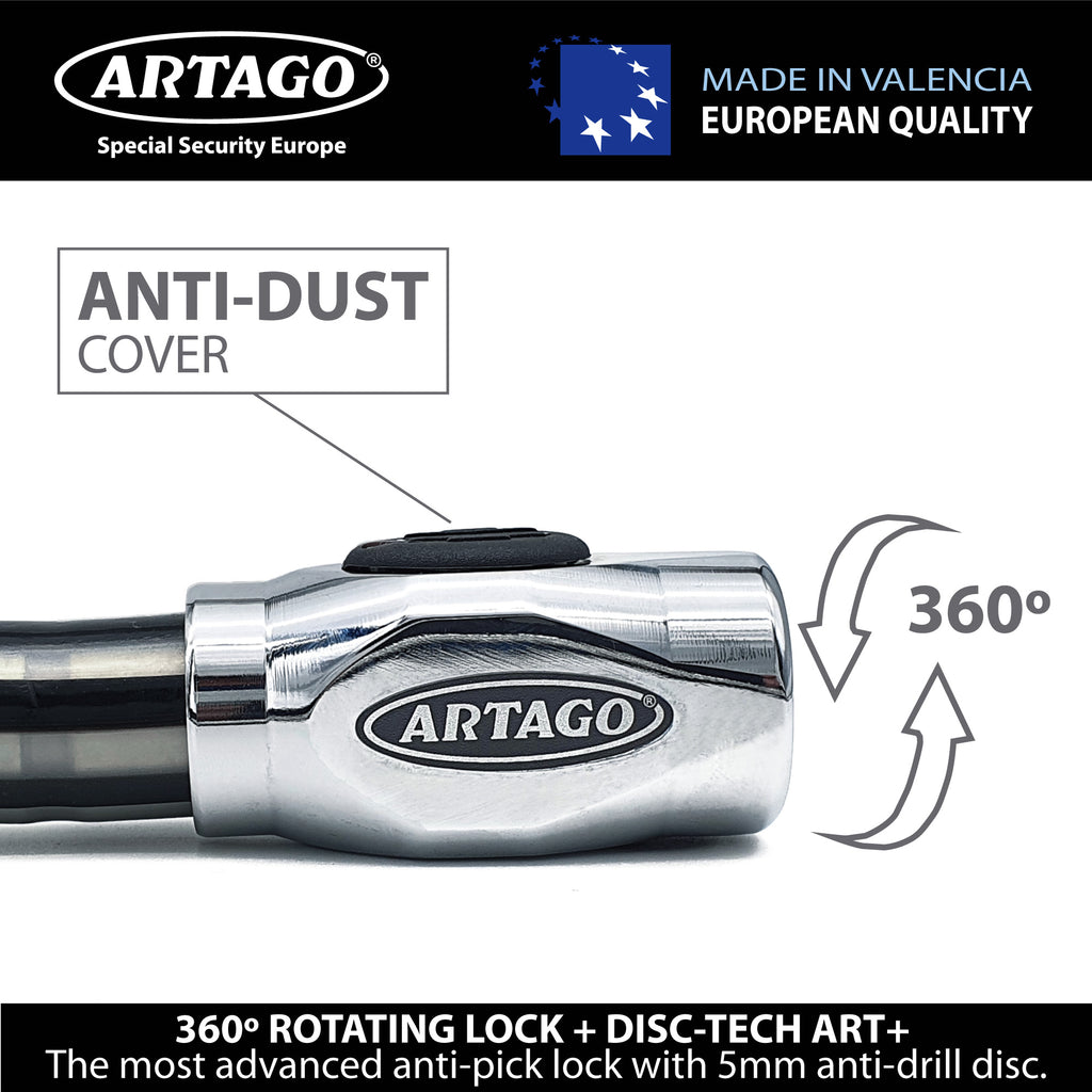 Artago 5310 Pitón Antirrobo Moto Alta Gama, Cerradura Alta Seguridad DISC-TECH ART+, Cierre Blindado Giratorio, Tapa Anti-Polvo, Candado Articulado Cadena Antirrobo para Moto, Scooter, Bici, 100 cm