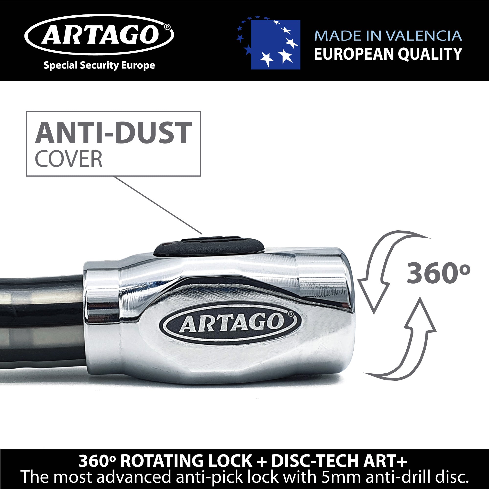 Artago 5310 Pitón Antirrobo Moto Alta Gama, Cerradura Alta Seguridad DISC-TECH ART+, Cierre Blindado Giratorio, Tapa Anti-Polvo, Candado Articulado Cadena Antirrobo para Moto, Scooter, Bici, 100 cm