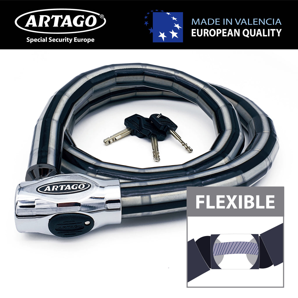 Artago 5310 Pitón Antirrobo Moto Alta Gama, Cerradura Alta Seguridad DISC-TECH ART+, Cierre Blindado Giratorio, Tapa Anti-Polvo, Candado Articulado Cadena Antirrobo para Moto, Scooter, Bici, 100 cm