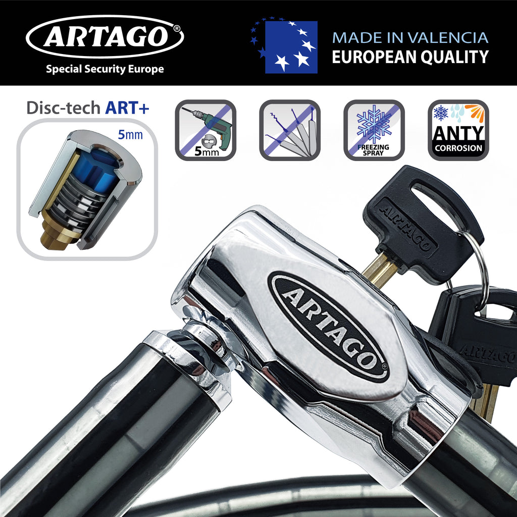 Artago 5312 Pitón Antirrobo Moto Alta Gama, Cerradura Alta Seguridad DISC-TECH ART+, Cierre Blindado Giratorio, Tapa Anti-Polvo, Candado Articulado Cadena Antirrobo para Moto, Scooter, Bici, 120 cm