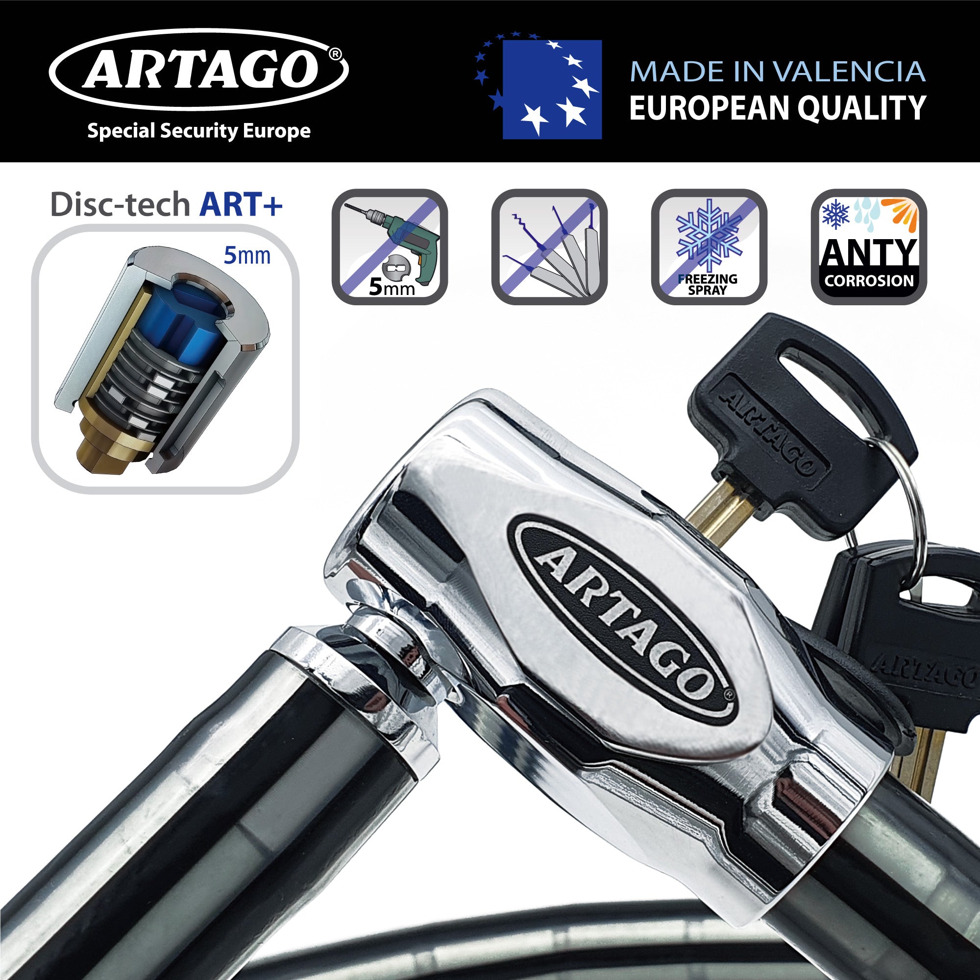 Artago 5312 Pitón Antirrobo Moto Alta Gama, Cerradura Alta Seguridad DISC-TECH ART+, Cierre Blindado Giratorio, Tapa Anti-Polvo, Candado Articulado Cadena Antirrobo para Moto, Scooter, Bici, 120 cm
