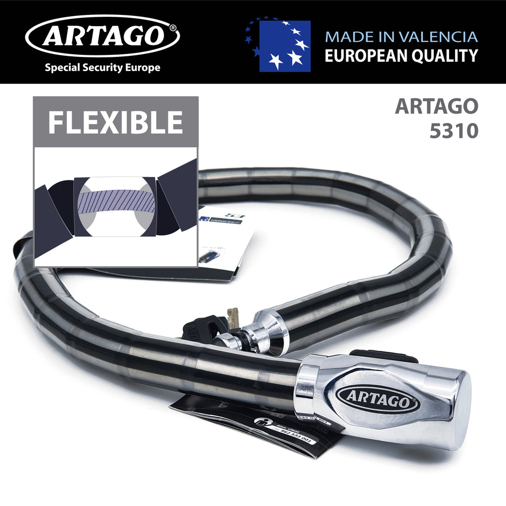 Artago 5312 Pitón Antirrobo Moto Alta Gama, Cerradura Alta Seguridad DISC-TECH ART+, Cierre Blindado Giratorio, Tapa Anti-Polvo, Candado Articulado Cadena Antirrobo para Moto, Scooter, Bici, 120 cm