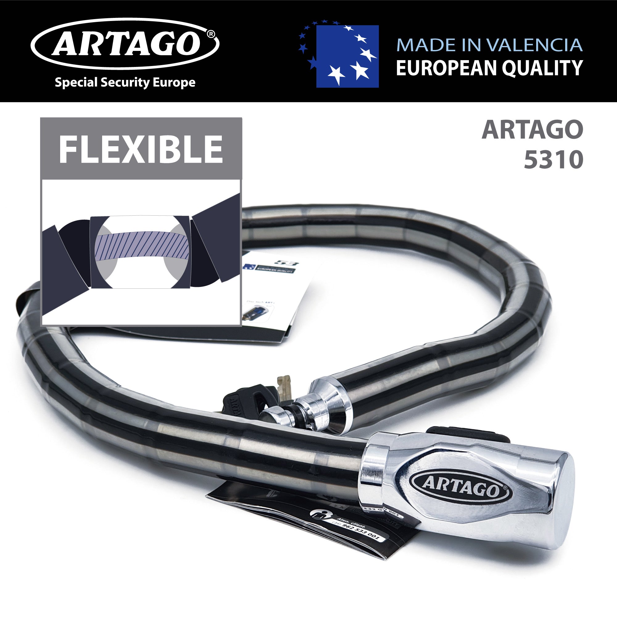 Artago 5312 Pitón Antirrobo Moto Alta Gama, Cerradura Alta Seguridad DISC-TECH ART+, Cierre Blindado Giratorio, Tapa Anti-Polvo, Candado Articulado Cadena Antirrobo para Moto, Scooter, Bici, 120 cm