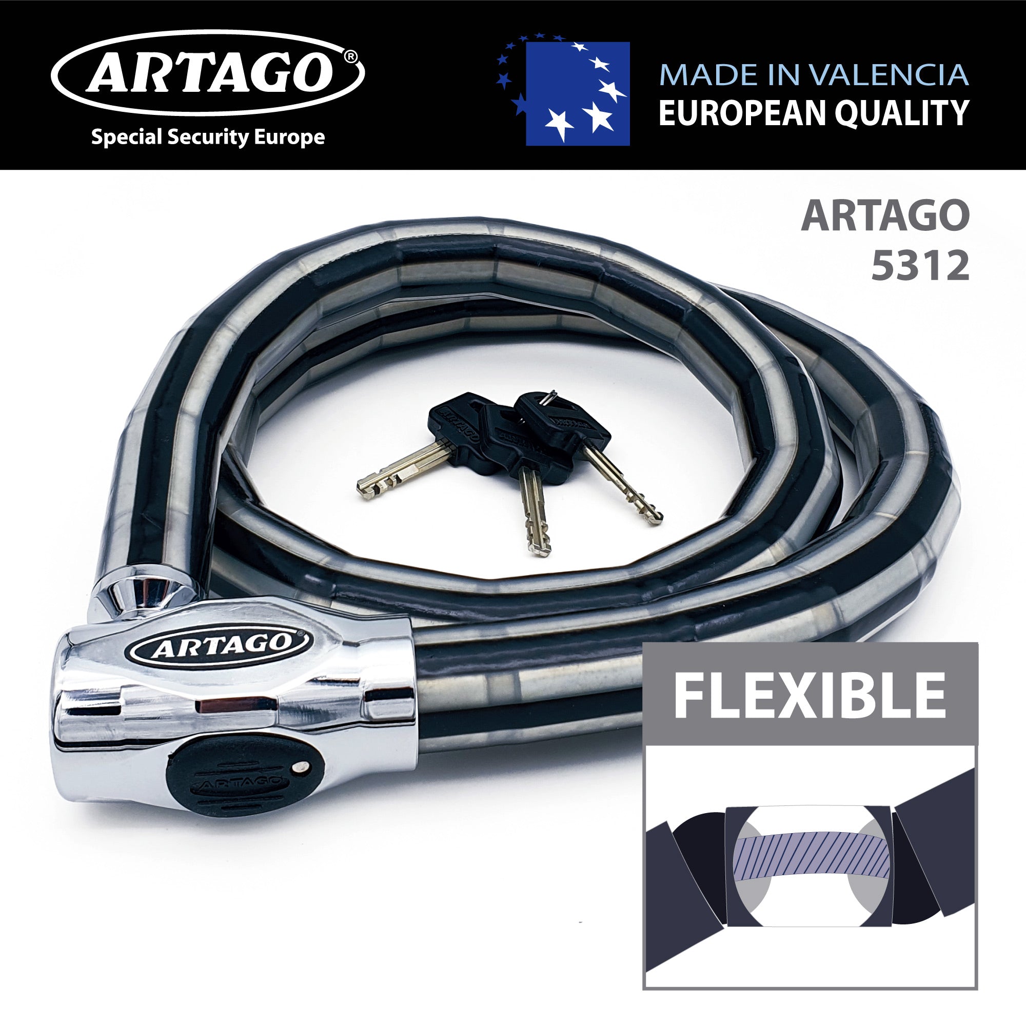 Artago 5315 Pitón Antirrobo Moto Alta Gama, Cerradura Alta Seguridad DISC-TECH ART+, Cierre Blindado Giratorio, Tapa Anti-Polvo, Candado Articulado Cadena Antirrobo para Moto, Scooter, Bici, 150 cm