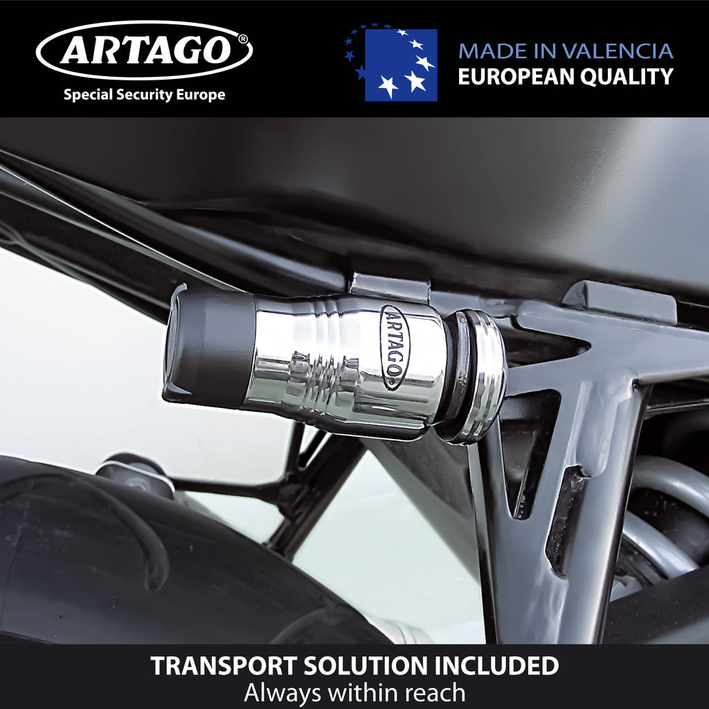 Artago 562-I Candado Antirrobo Moto Disco Alta Gama + Regalo Soporte de Transporte, Bloqueo de 4 Esferas de Acero, Cromado, Cerradura Alta Seguridad, Bloqueo Pinza Antirrobo Scooter Rueda Scooter