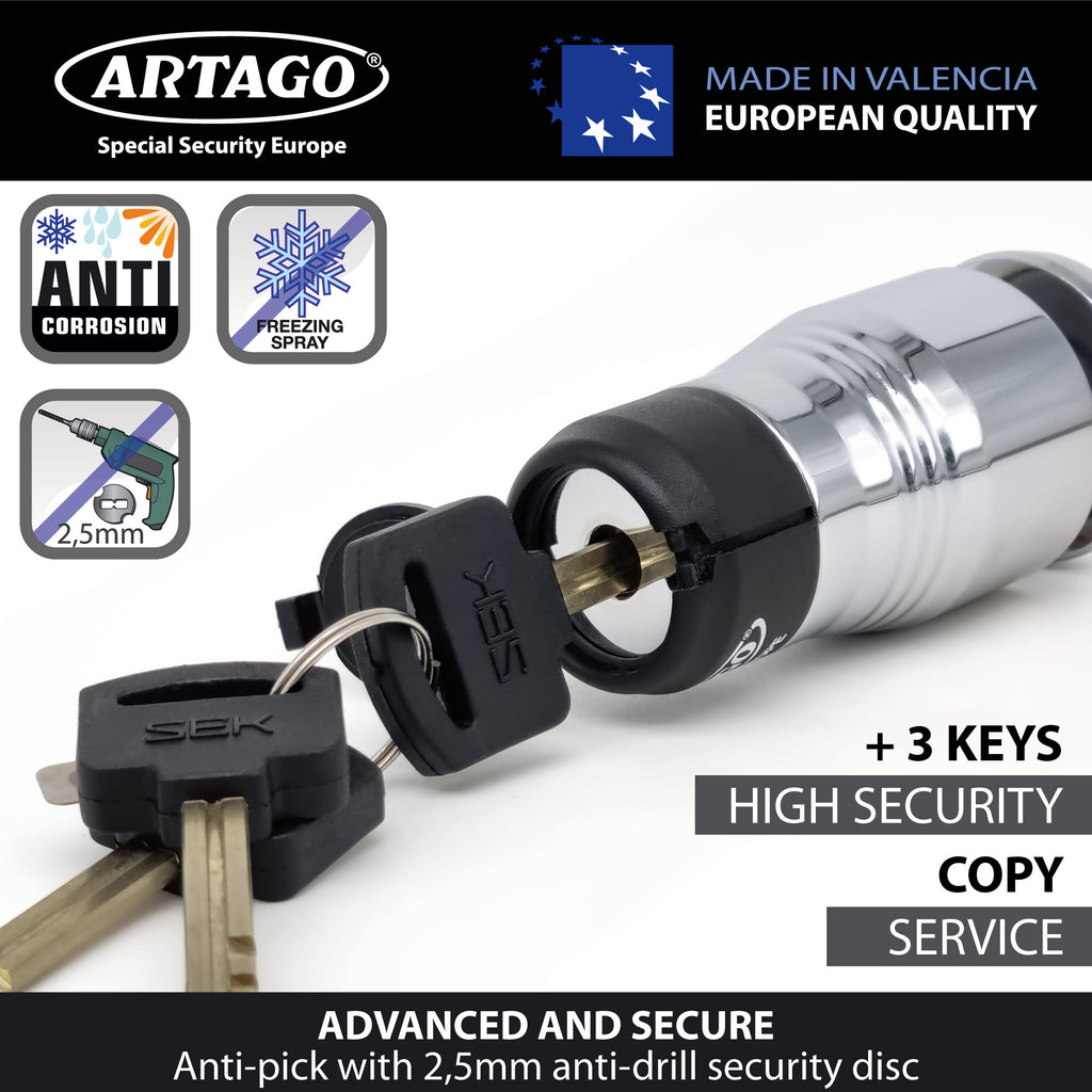 Artago 562-I Candado Antirrobo Moto Disco Alta Gama + Regalo Soporte de Transporte, Bloqueo de 4 Esferas de Acero, Cromado, Cerradura Alta Seguridad, Bloqueo Pinza Antirrobo Scooter Rueda Scooter