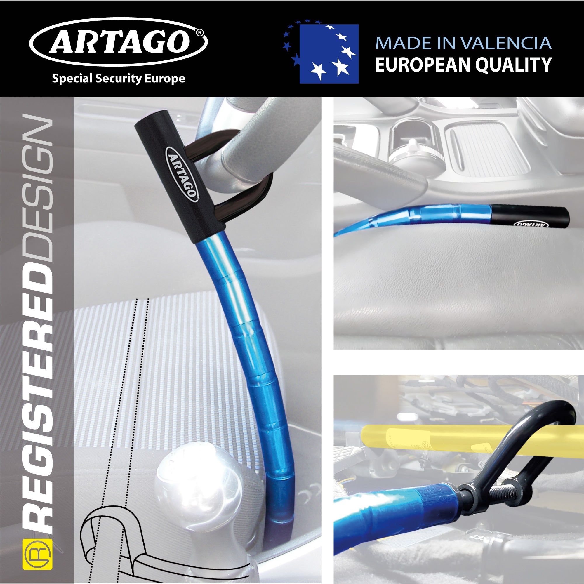 Artago 582/B Antirrobo Coche Volante Asiento Flexible, Más Práctico, Articulado Cable de Acero Blindado, Bloqueo Inmovilizador Ajustable Antirobo Freno Embrague para Auto, Furgoneta, Caravana Camper