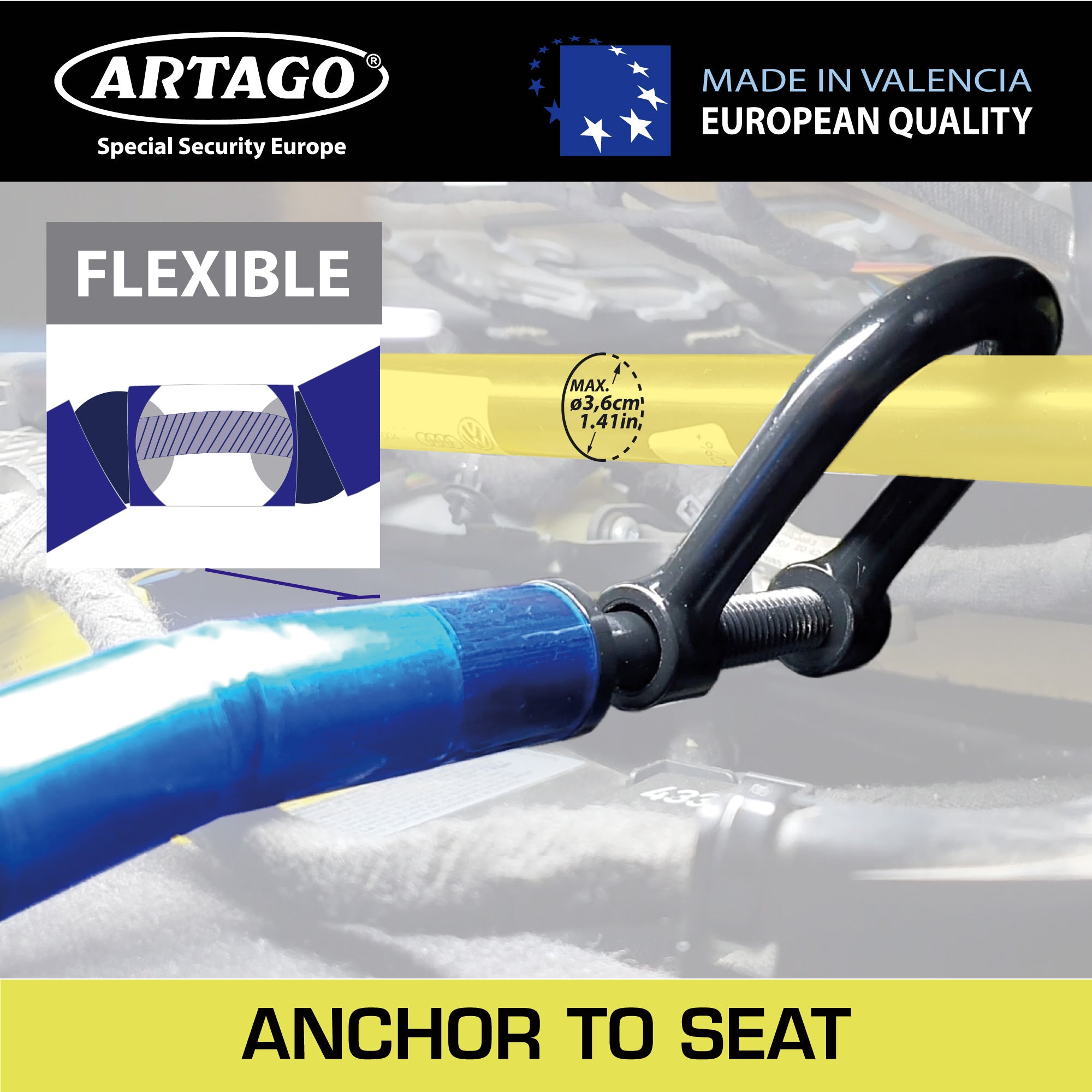 Artago 582/B Antirrobo Coche Volante Asiento Flexible, Más Práctico, Articulado Cable de Acero Blindado, Bloqueo Inmovilizador Ajustable Antirobo Freno Embrague para Auto, Furgoneta, Caravana Camper