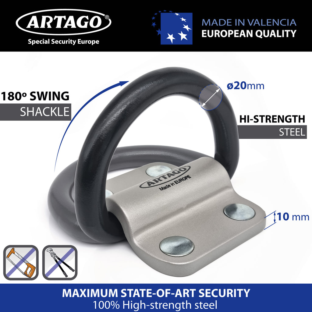 Artago 60 Anclaje Suelo Pared XXL Alta Gama con Anilla Basculante de ø20mm, Acero Máxima Resistencia y Tacos Más Profundos Blindados, Antirrobo Seguridad Universal para Anclar Moto Garaje Parking