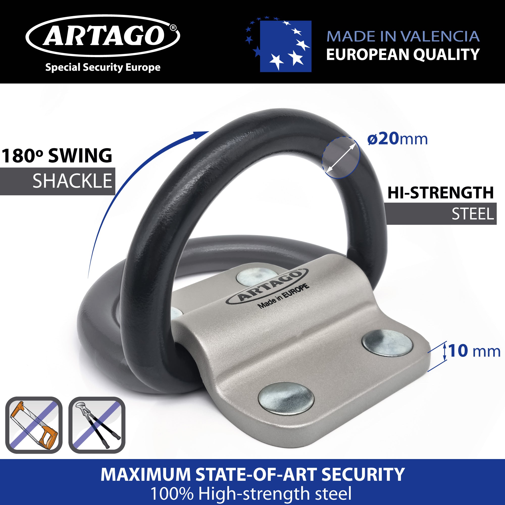 Artago 60 Anclaje Suelo Pared XXL Alta Gama con Anilla Basculante de ø20mm, Acero Máxima Resistencia y Tacos Más Profundos Blindados, Antirrobo Seguridad Universal para Anclar Moto Garaje Parking
