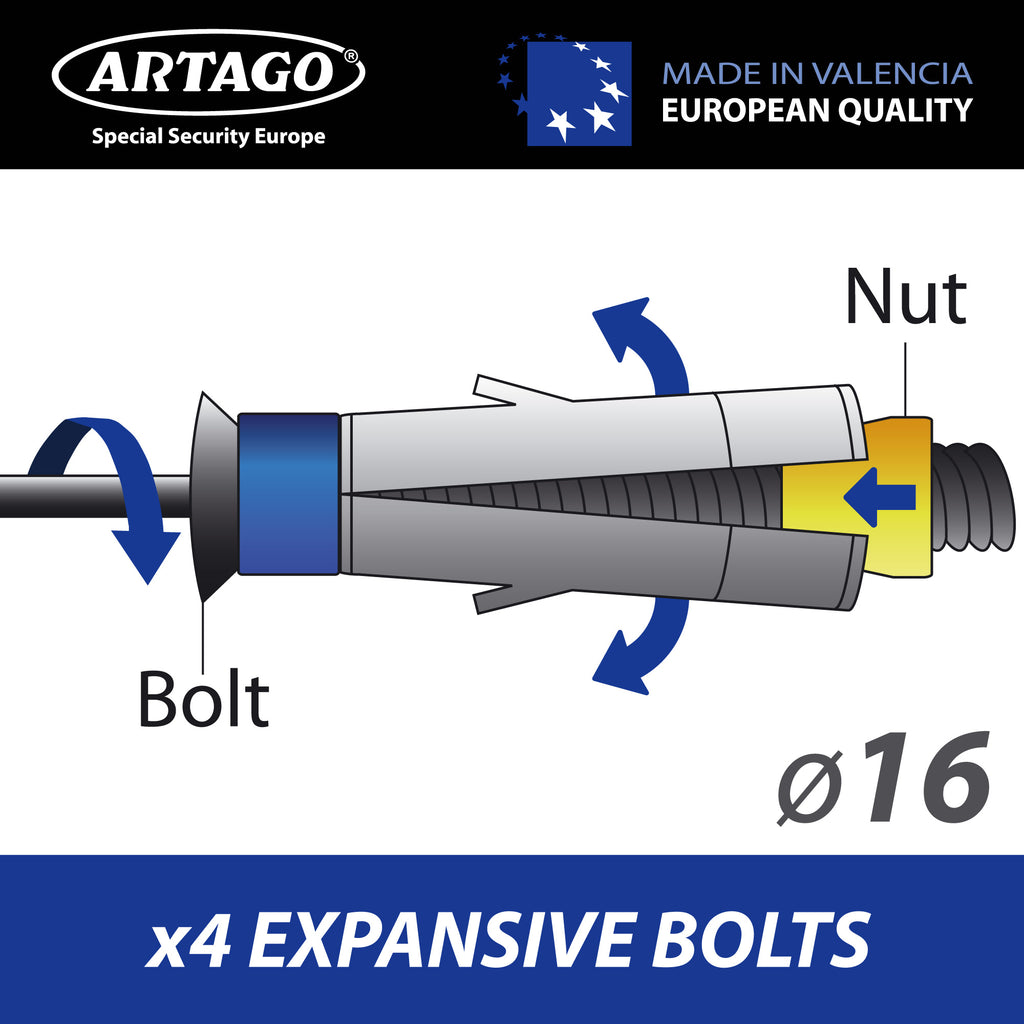Artago 60 Anclaje Suelo Pared XXL Alta Gama con Anilla Basculante de ø20mm, Acero Máxima Resistencia y Tacos Más Profundos Blindados, Antirrobo Seguridad Universal para Anclar Moto Garaje Parking