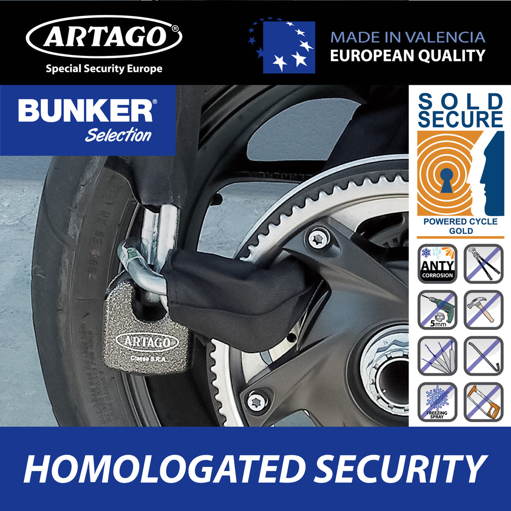 Artago 68T100 Cadena Antirrobo Moto Pesada de Máxima Seguridad, Homologada Sold Secure, ø15 150cm, BUNKER SELECTION, Candado MONOBLOK de Acero Forjado, Antirobo Cadena Cementada para Motocicleta