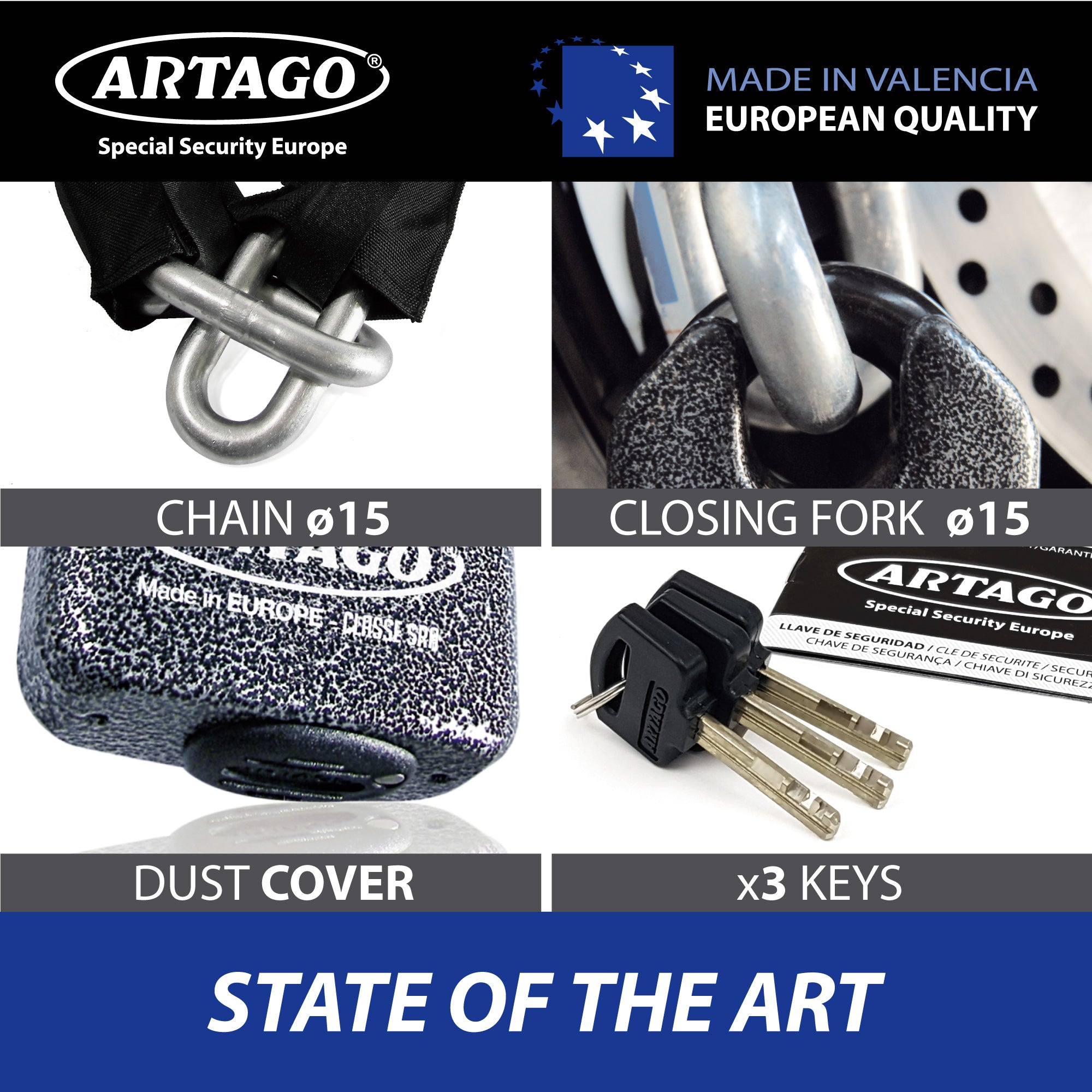 Artago 68T120 Cadena Antirrobo Moto Pesada de Máxima Seguridad, Homologada Sold Secure, ø15 120cm, BUNKER SELECTION, Candado MONOBLOK de Acero Forjado, Antirobo Cadena Cementada para Motocicleta