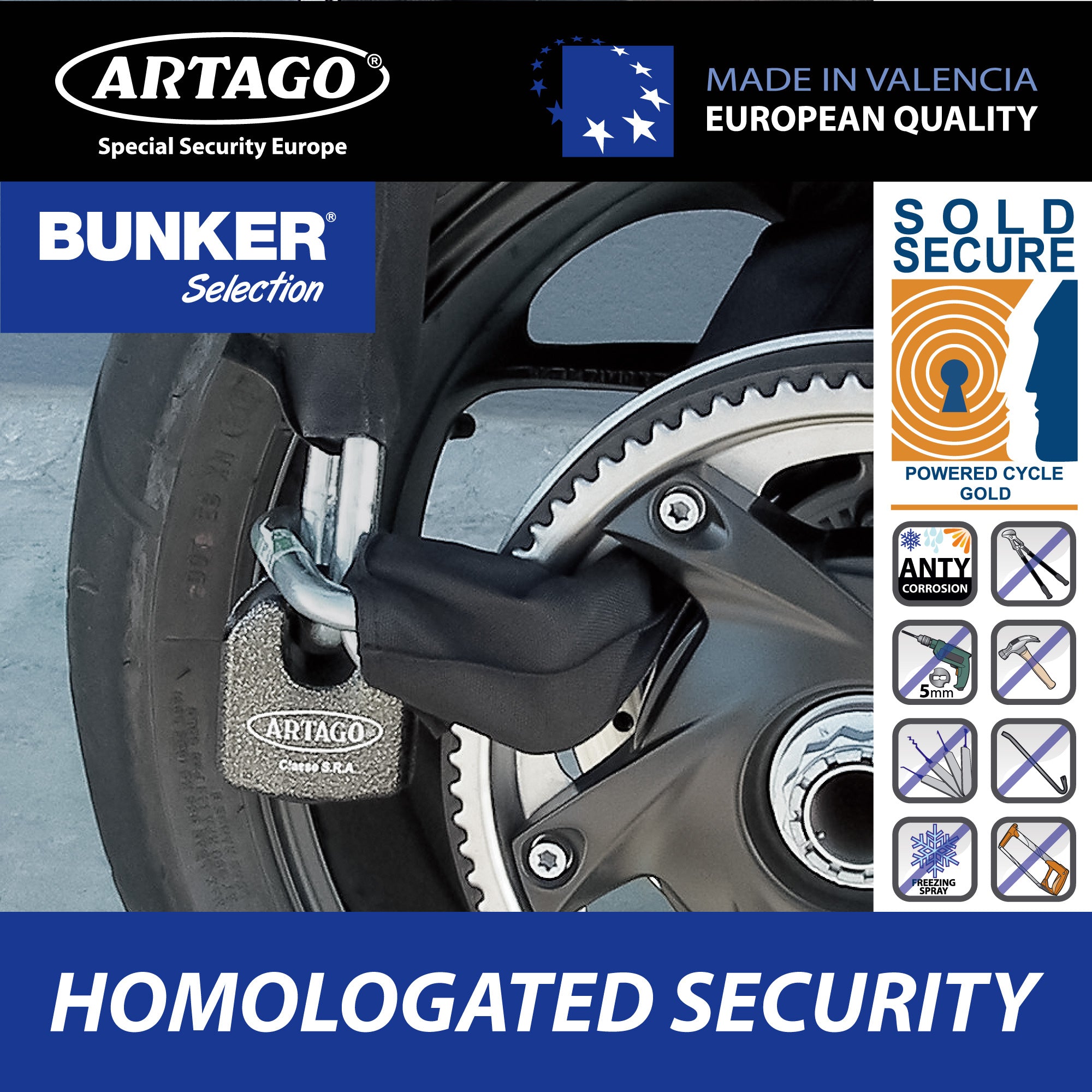 Artago 68T150 Cadena Antirrobo Moto Pesada de Máxima Seguridad, Homologada Sold Secure, ø15 150cm, BUNKER SELECTION, Candado MONOBLOK de Acero Forjado, Antirobo Cadena Cementada para Motocicleta