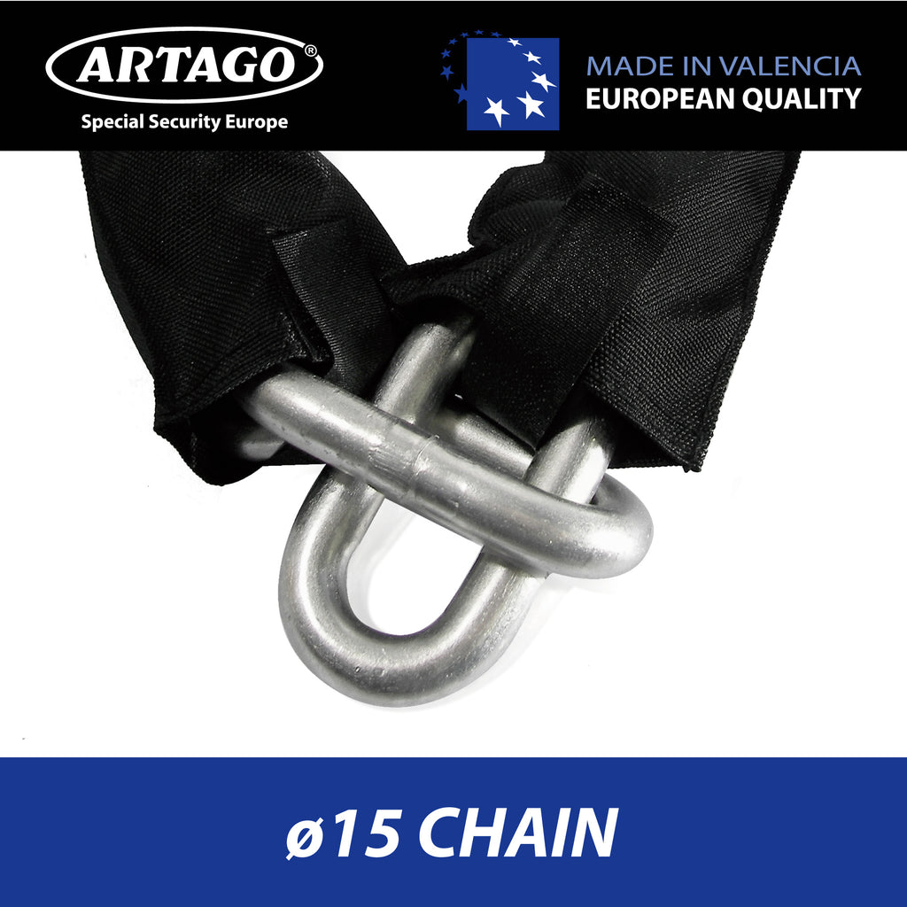 Artago 68T150 Cadena Antirrobo Moto Pesada de Máxima Seguridad, Homologada Sold Secure, ø15 150cm, BUNKER SELECTION, Candado MONOBLOK de Acero Forjado, Antirobo Cadena Cementada para Motocicleta