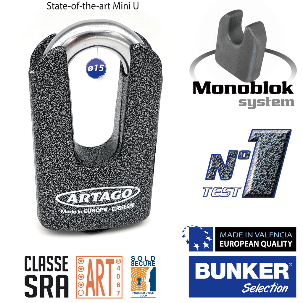 Artago 69T/B Candado Moto Disco Mini U Alta Gama Homologado SRA, Sold Secure y ART4, BUNKER SELECTION, Cuerpo MONOBLOK Acero Forjado Máxima Resistencia Testado, Diseño Único, Antirrobo Freno para Moto