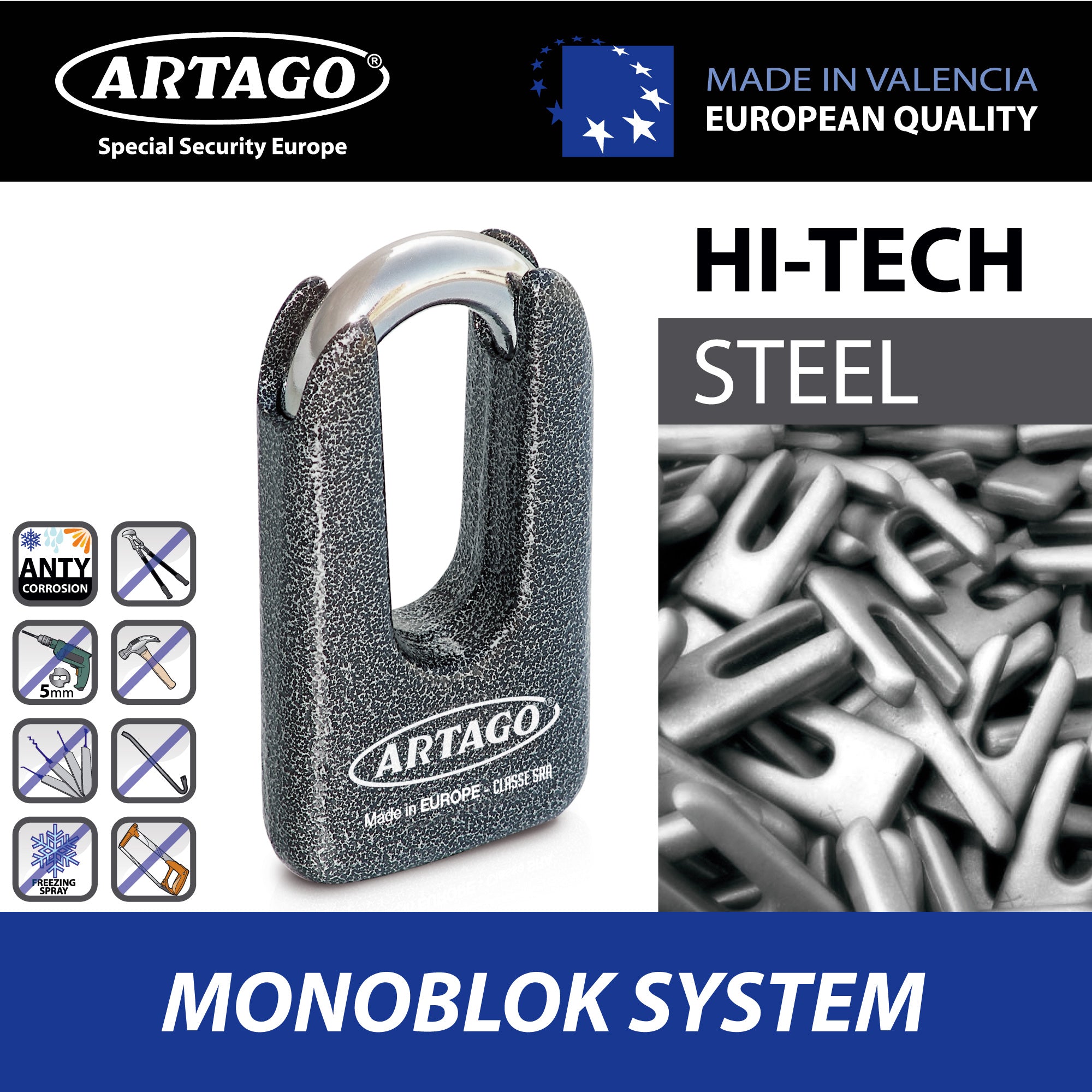 Artago 69T100 Cadena Antirrobo Moto Pesada + Mini U,Maxima Seguridad Homologada SRA, Sold Secure Gold, ø15mm 100cm, Candado Mini U Acero Forjado MONOBLOK, Máxima Seguridad Testada, BUNKER SELECTION