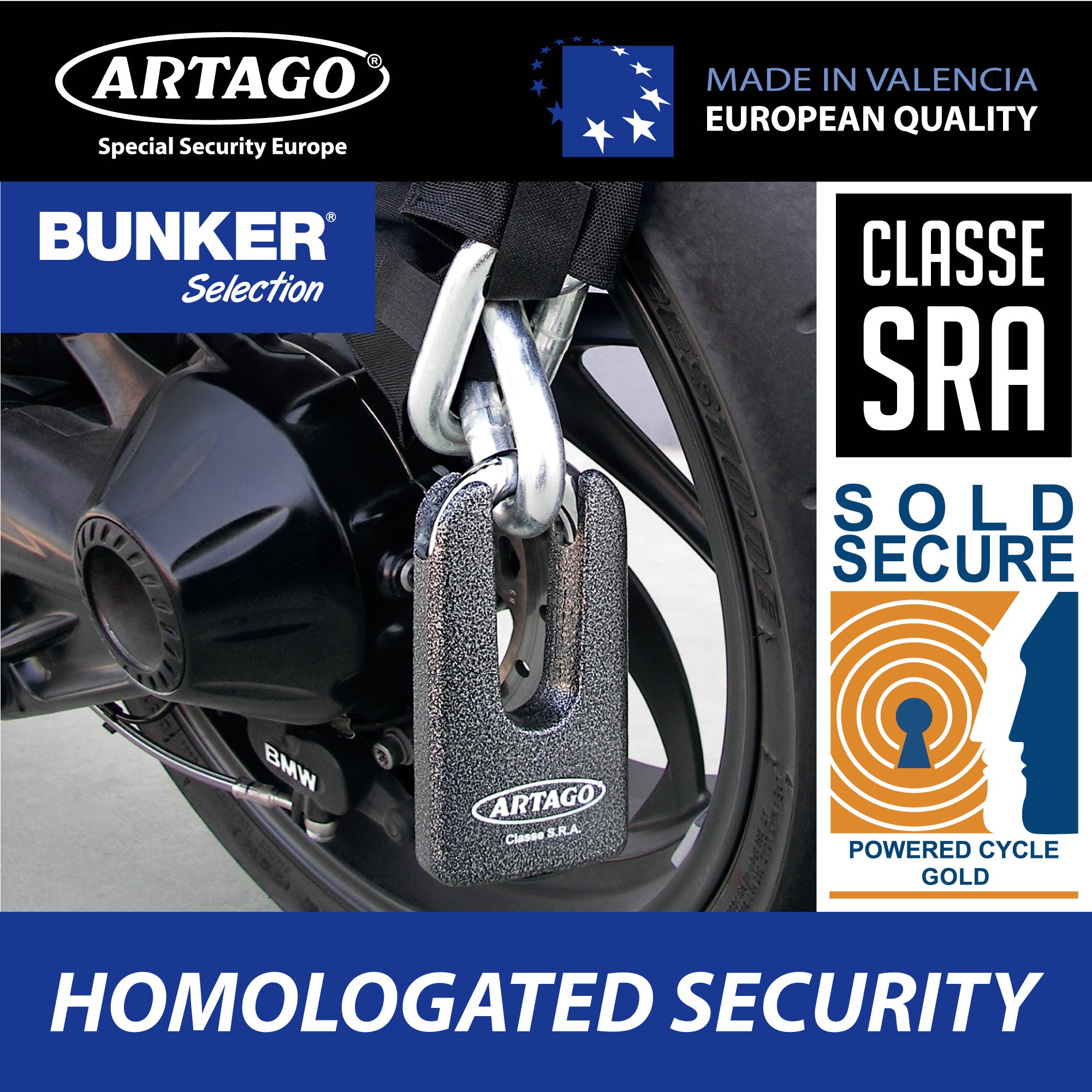 Artago 69T120 Cadena Antirrobo Moto Pesada + Mini U,Maxima Seguridad Homologada SRA, Sold Secure Gold, ø15mm 120cm, Candado Mini U Acero Forjado MONOBLOK, Máxima Seguridad Testada, BUNKER SELECTION