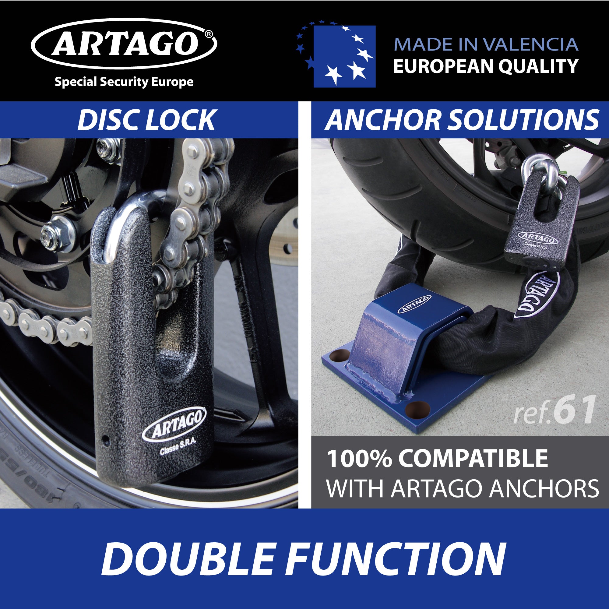 Artago 69T120 Cadena Antirrobo Moto Pesada + Mini U,Maxima Seguridad Homologada SRA, Sold Secure Gold, ø15mm 120cm, Candado Mini U Acero Forjado MONOBLOK, Máxima Seguridad Testada, BUNKER SELECTION