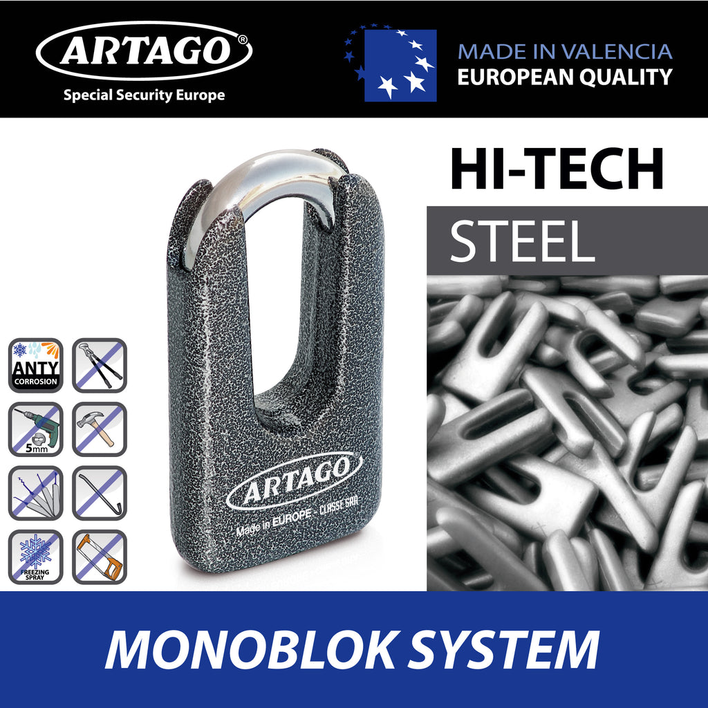 Artago 69T150 Cadena Antirrobo Moto Pesada + Mini U,Maxima Seguridad Homologada SRA, Sold Secure Gold, ø15mm 150cm, Candado Mini U Acero Forjado MONOBLOK, Máxima Seguridad Testada, BUNKER SELECTION