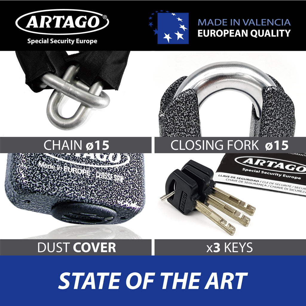 Artago 69T150 Cadena Antirrobo Moto Pesada + Mini U,Maxima Seguridad Homologada SRA, Sold Secure Gold, ø15mm 150cm, Candado Mini U Acero Forjado MONOBLOK, Máxima Seguridad Testada, BUNKER SELECTION