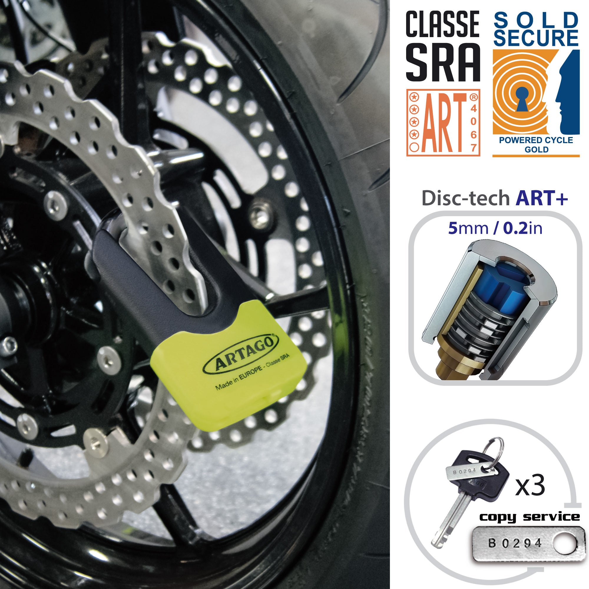 Artago 69X Candado Moto Disco Mini U Alta Gama Homologado SRA, Sold Secure, ART4, BUNKER SELECTION, Tapa Disuasoria, Cuerpo MONOBLOK Acero Forjado Máxima Resistencia Testado, Antirrobo Freno para Moto