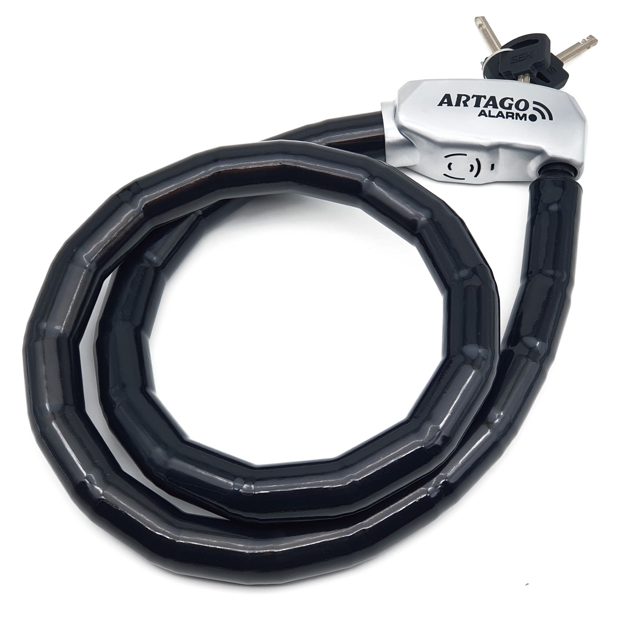 Artago ART6120 Candado Piton Moto Sin o Con Alarma 120dB, Cable Acero Articulado Blindado, 120cm, Flexible, Botón ON, Función Warning, Impermeable, Cadena Pitón Antirrobo Moto Bici, Patinete Electrico